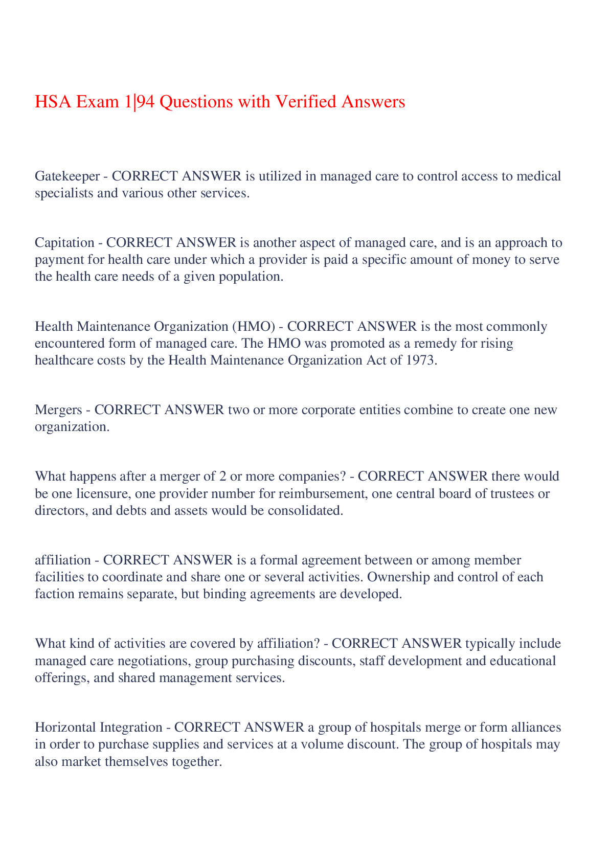 Preview image for HSA Exam 1|94 Questions with Verified Answers,100% CORRECT