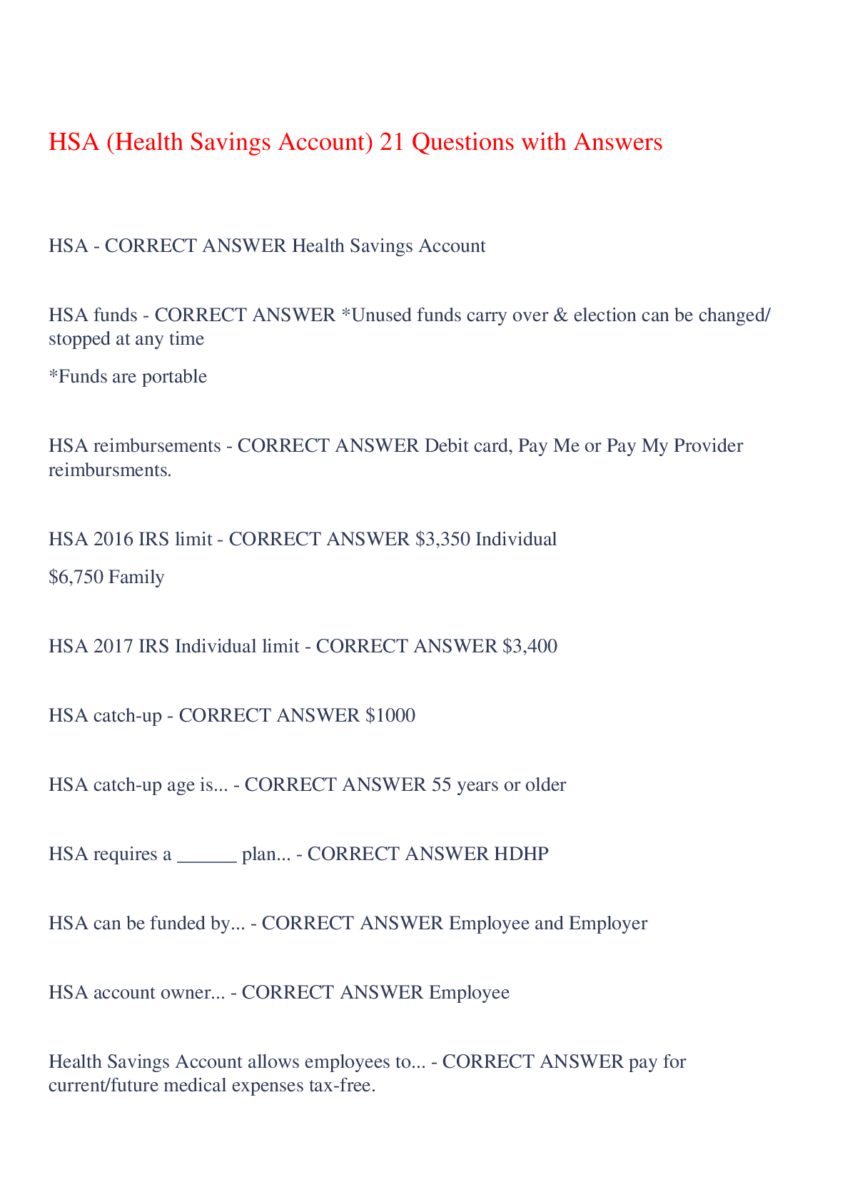 Preview image for HSA (Health Savings Account) 21 Questions with Answers,100% CORRECT