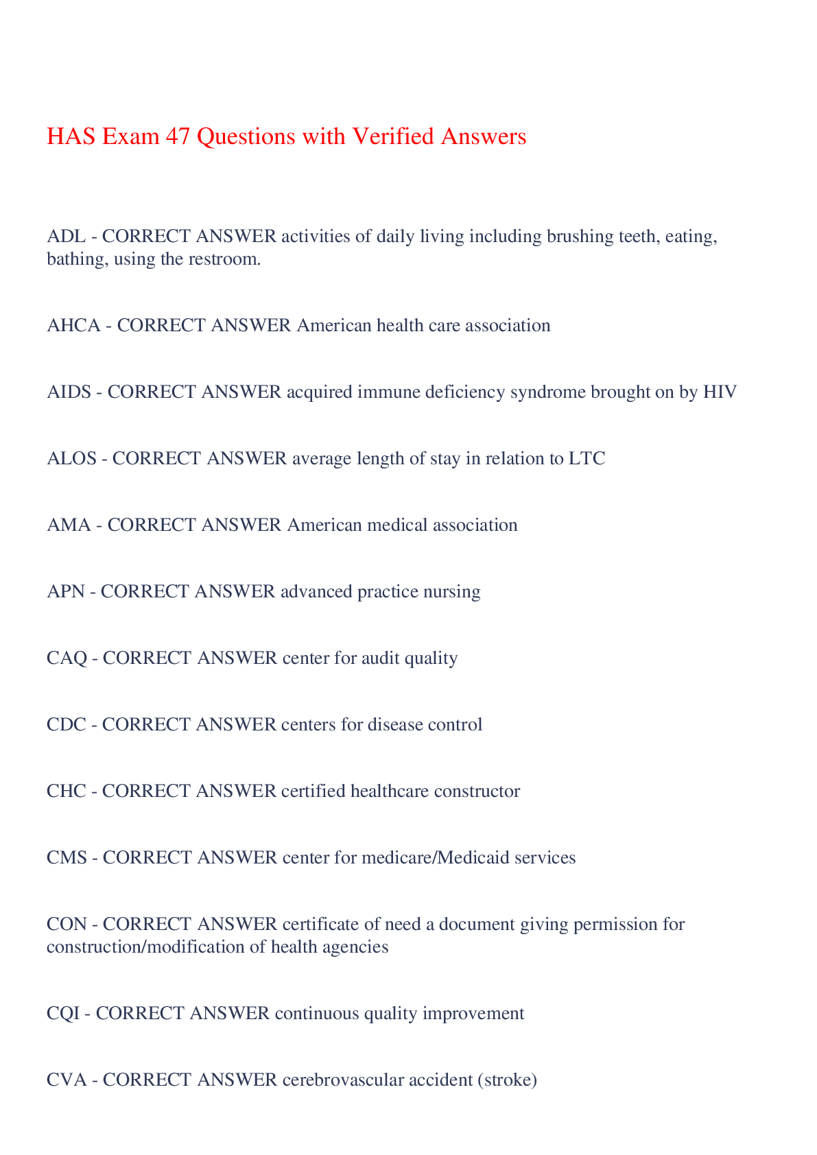 Preview image for HAS Exam 47 Questions with Verified Answers,100% CORRECT