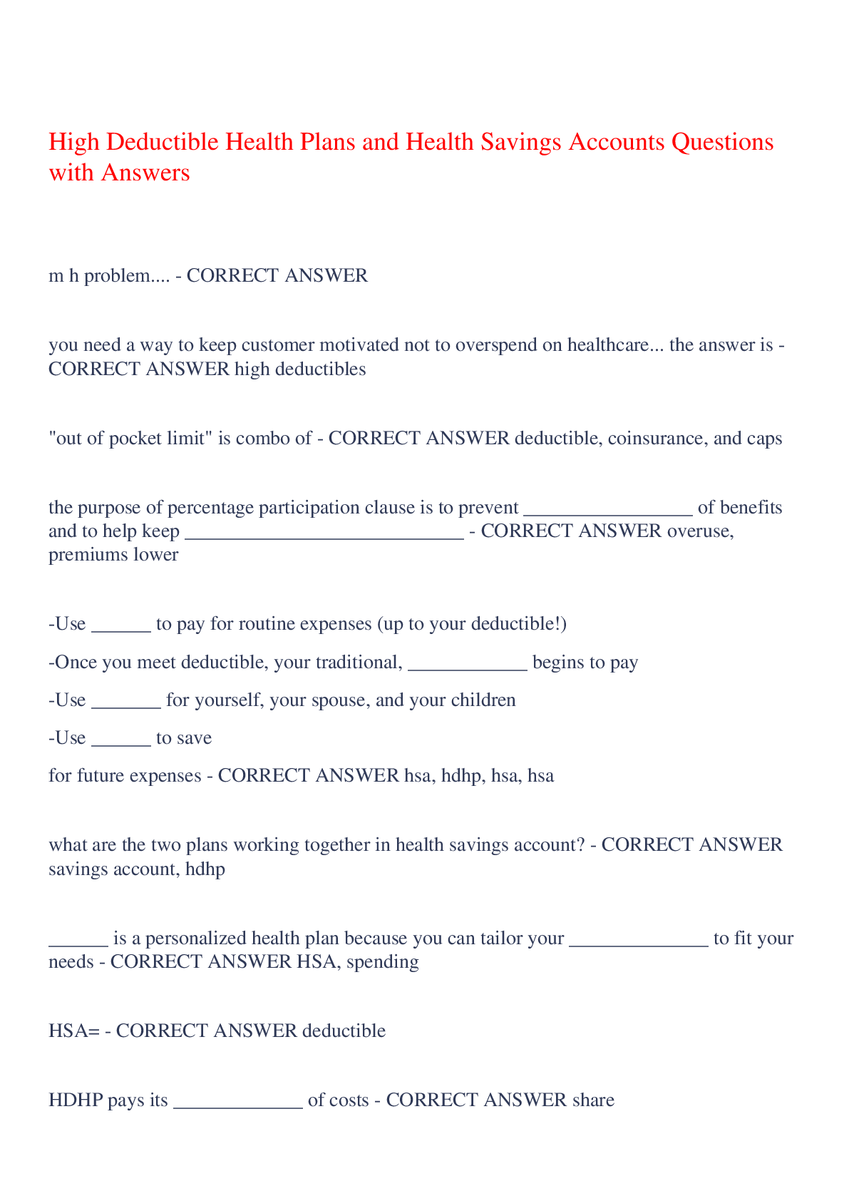 Preview image for High Deductible Health Plans and Health Savings Accounts Questions with Answers,100% CORRECT