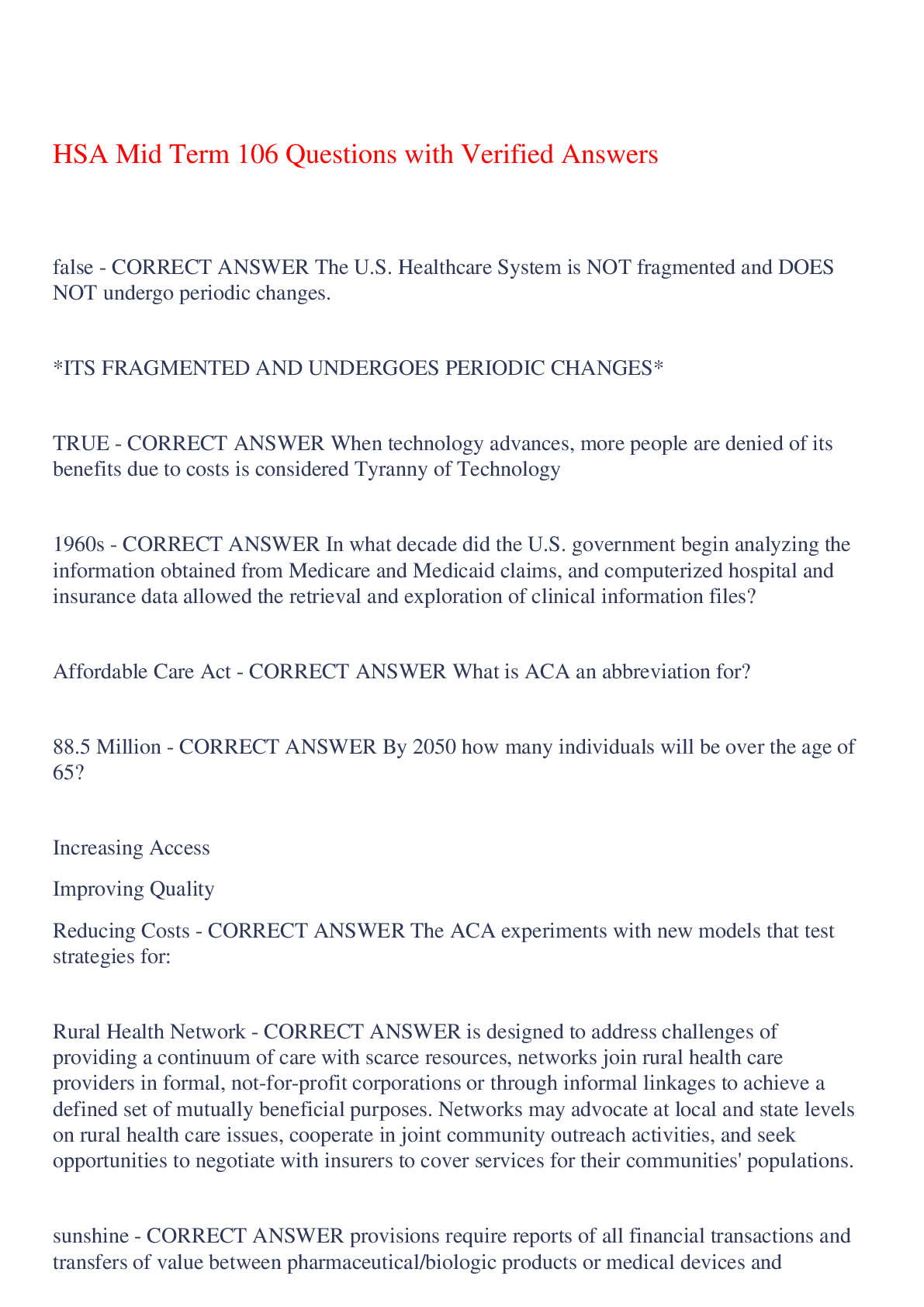 Preview of HSA Mid Term 106 Questions with Verified Answers,100% CORRECT