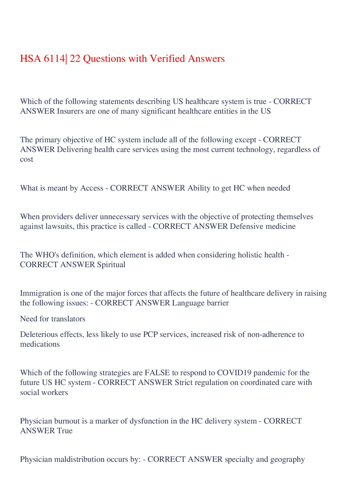 Preview image for HSA 6114| 22 Questions with Verified Answers,100% CORRECT