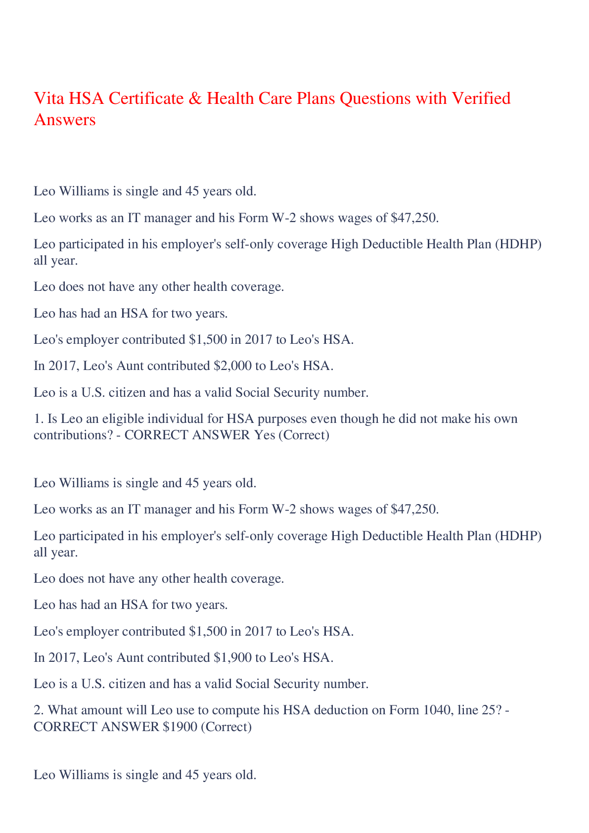 Preview image for Vita HSA Certificate & Health Care Plans Questions with Verified Answers,100% CORRECT
