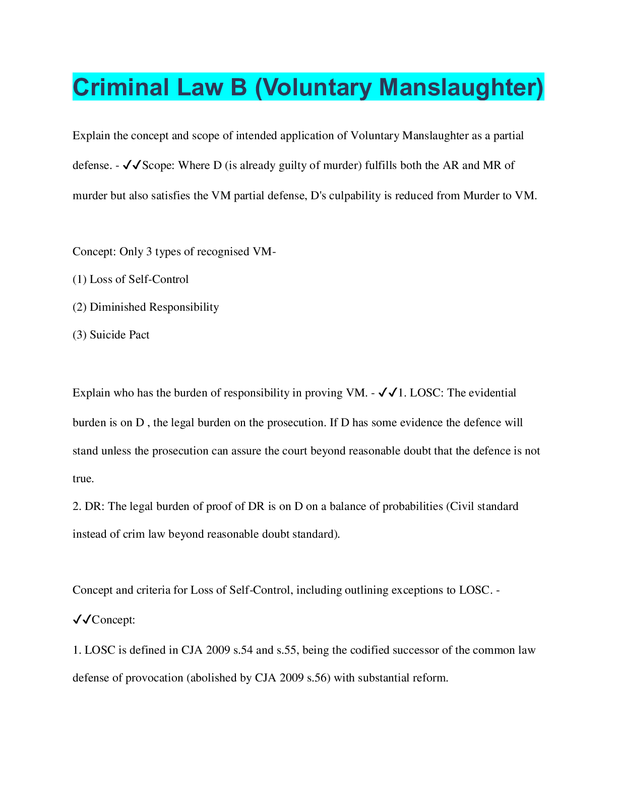 Preview image of Criminal Law B (Voluntary Manslaughter) document