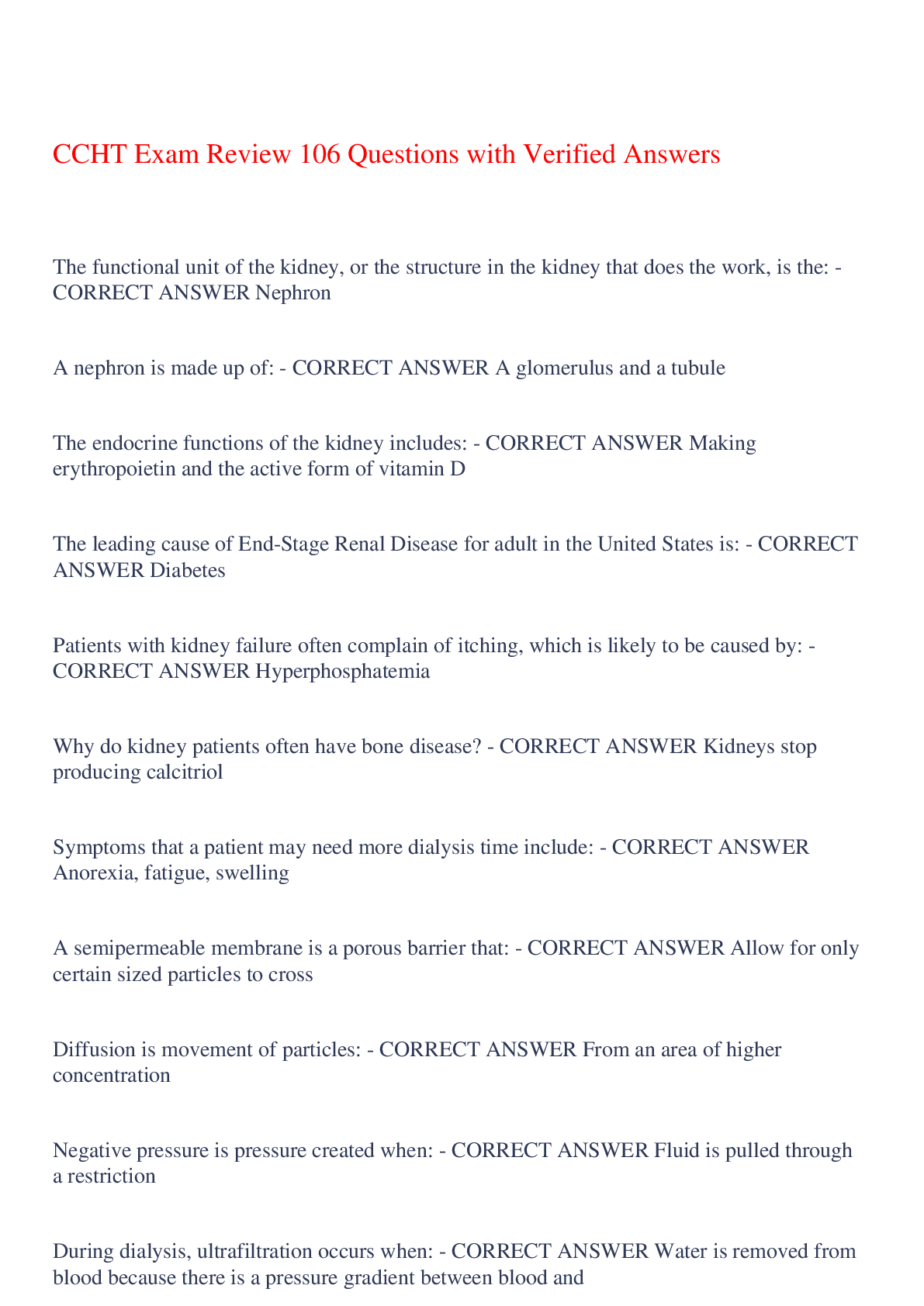 Preview image for CCHT Exam Review 106 Questions with Verified Answers,100% CORRECT