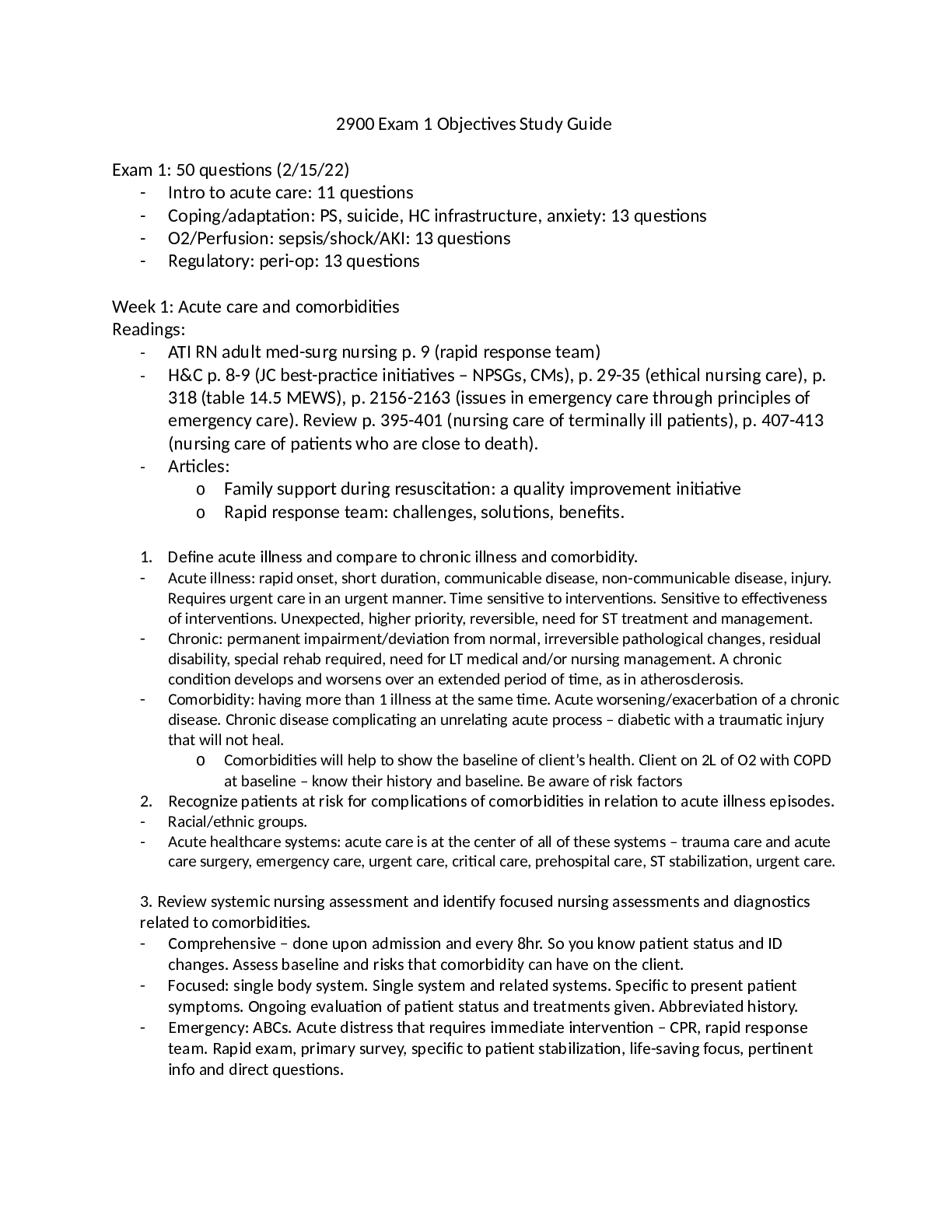 NURS 2900 Exam 1 Objectives Study Guide 2023