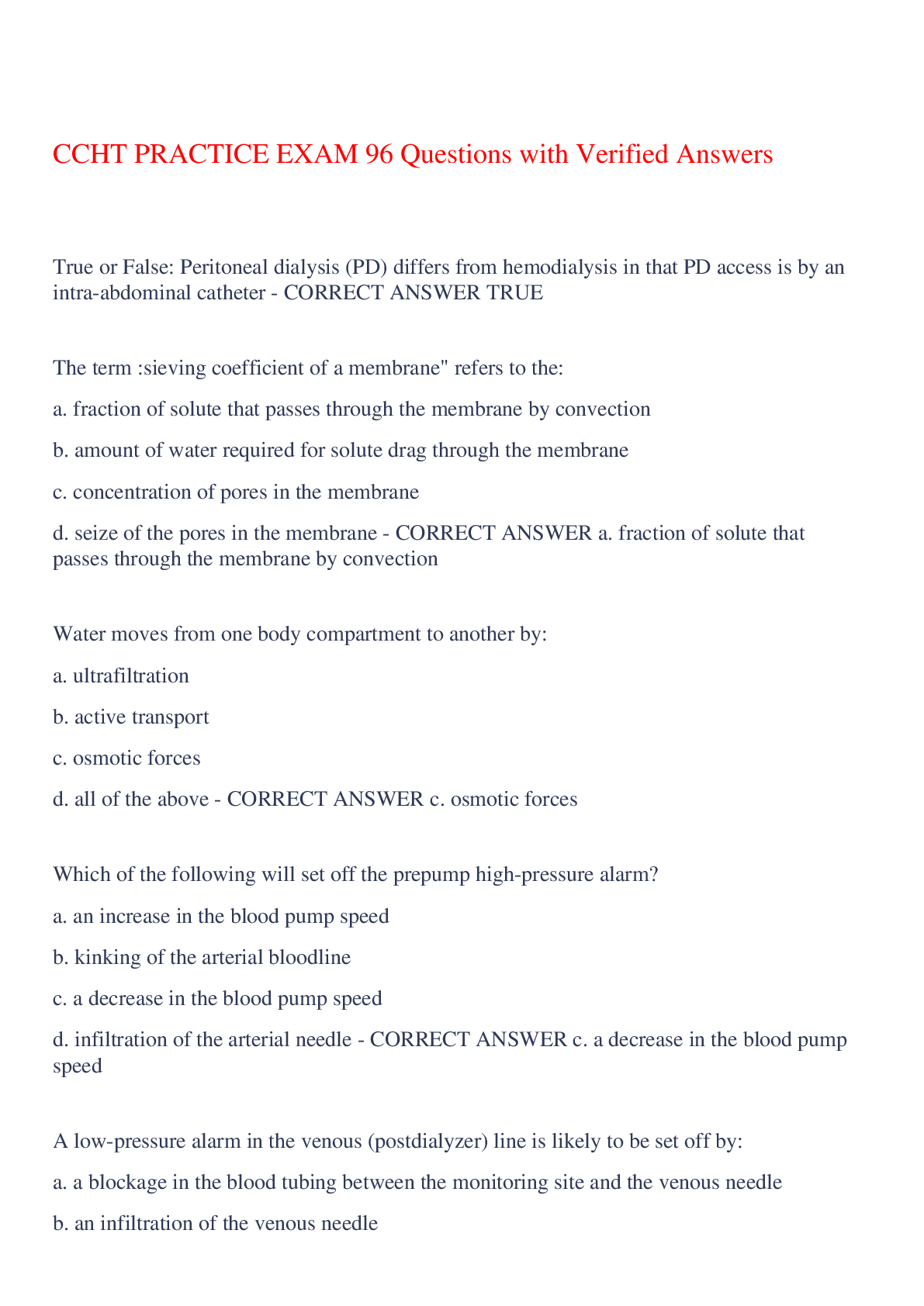 Preview of CCHT PRACTICE EXAM 96 Questions with Verified Answers,100% CORRECT