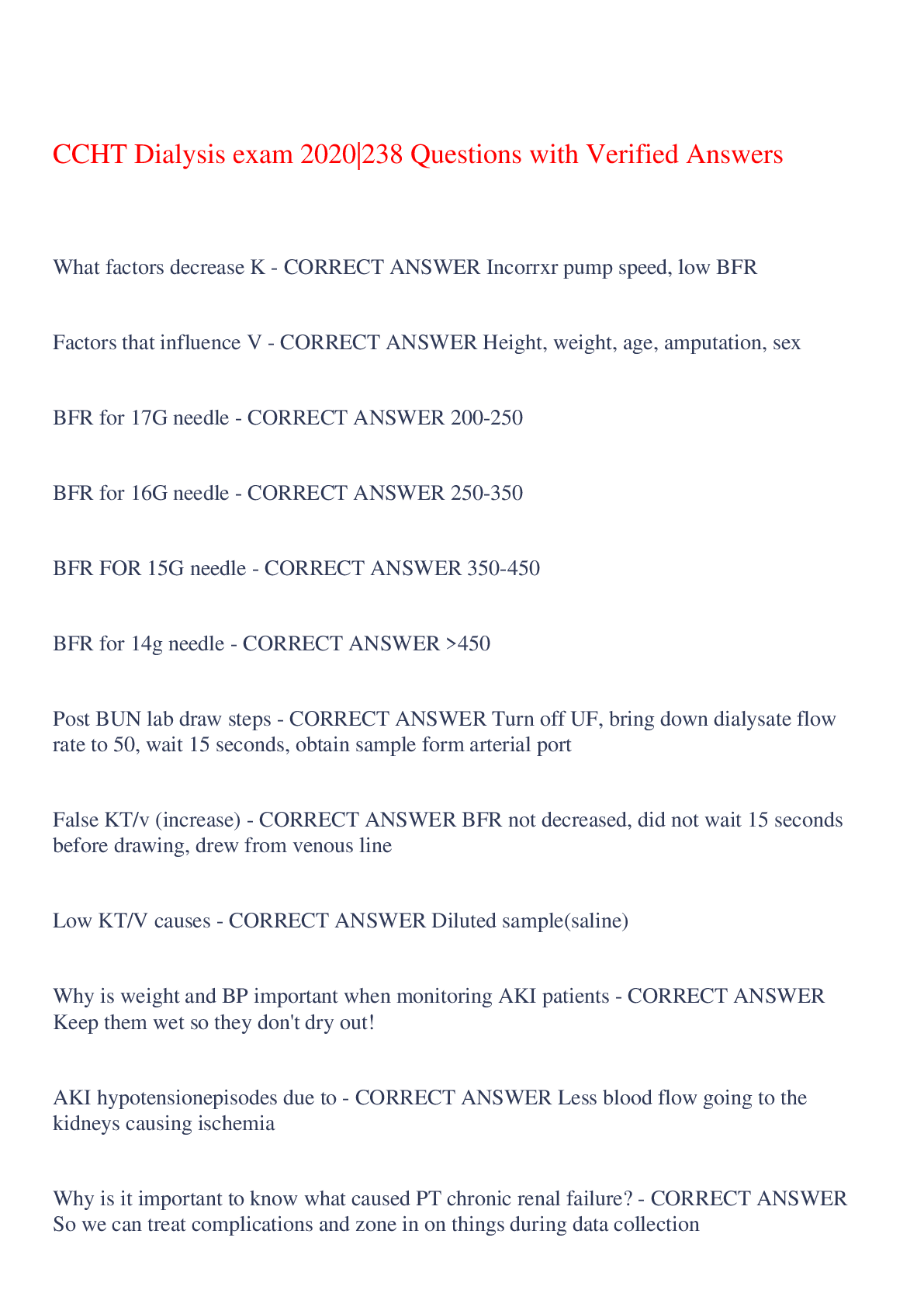 Preview image for CCHT Dialysis exam 2020|238 Questions with Verified Answers,100% CORRECT