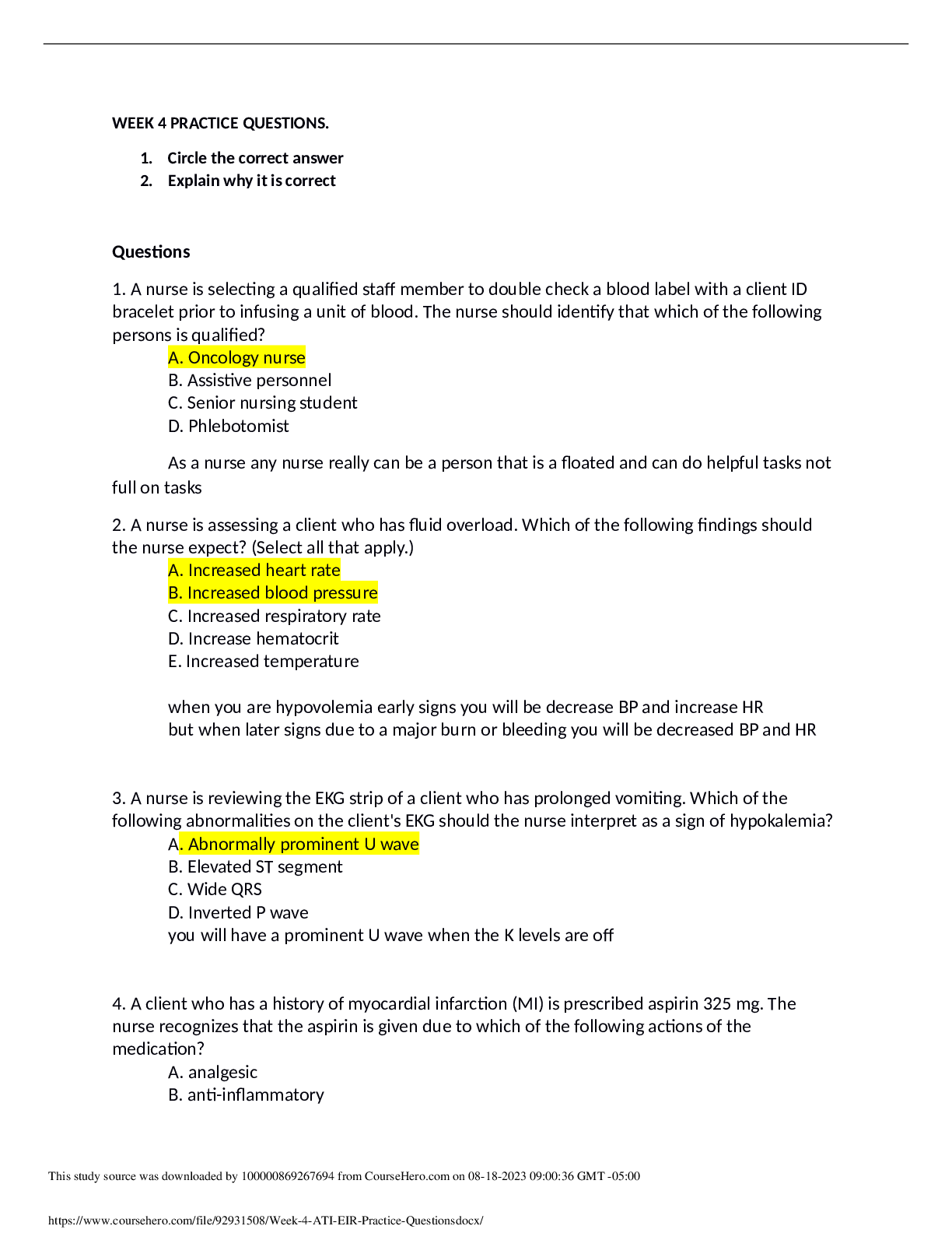 Preview image of Week 4 ATI EIR Practice Questions document