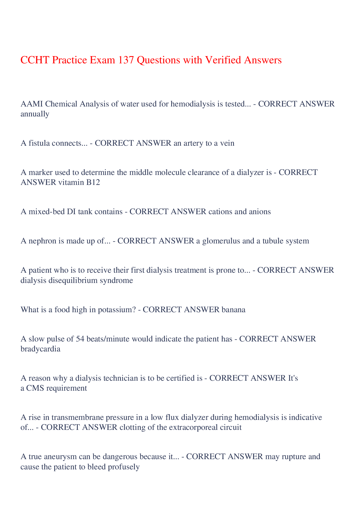 Preview of CCHT Practice Exam 137 Questions with Verified Answers,100% CORRECT