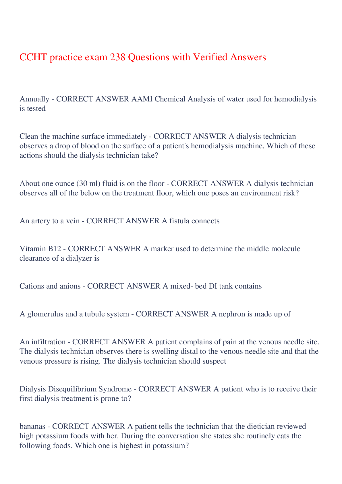 Preview of CCHT practice exam 238 Questions with Verified Answers,100% CORRECT