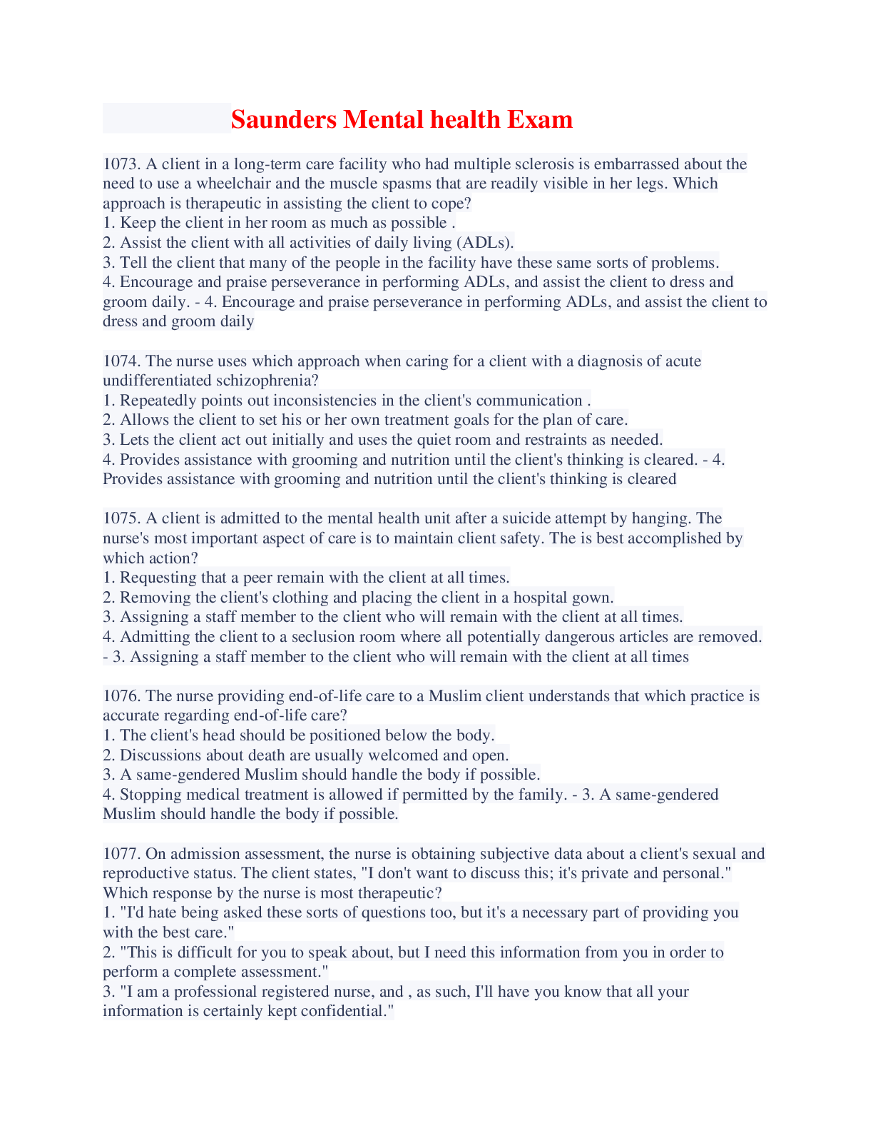 Preview image for Saunders Mental health Exam 2.0 FULLY VERIFIED & CORRECT