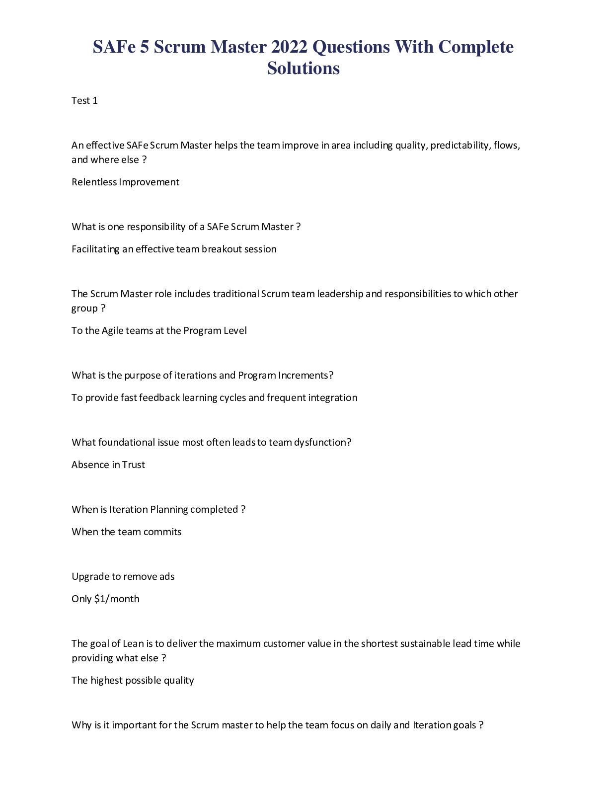 Preview image of SAFe 5 Scrum Master 2022 Questions With Complete Solution document