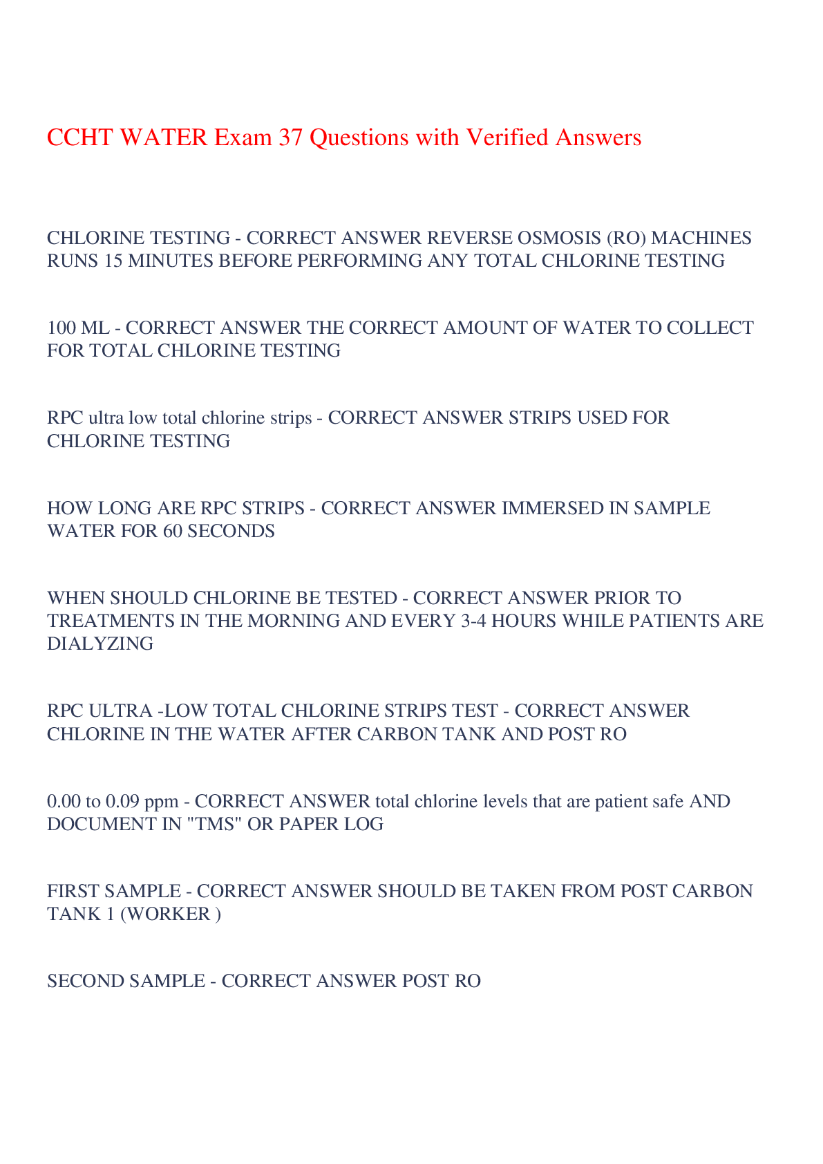 Preview of CCHT WATER Exam 37 Questions with Verified Answers,100% CORRECT