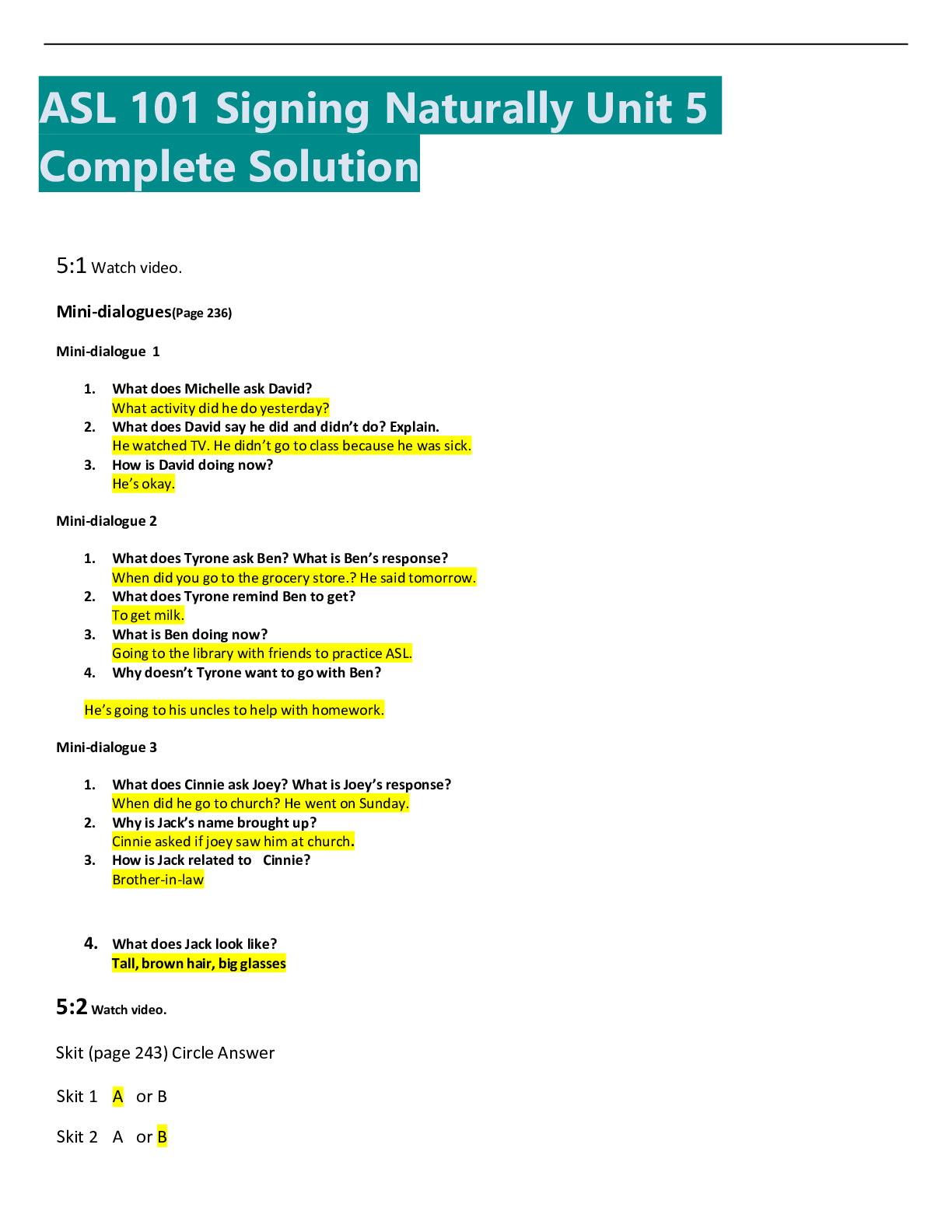 Preview image of ASL 101 Signing Naturally Unit 5 Complete Solution document
