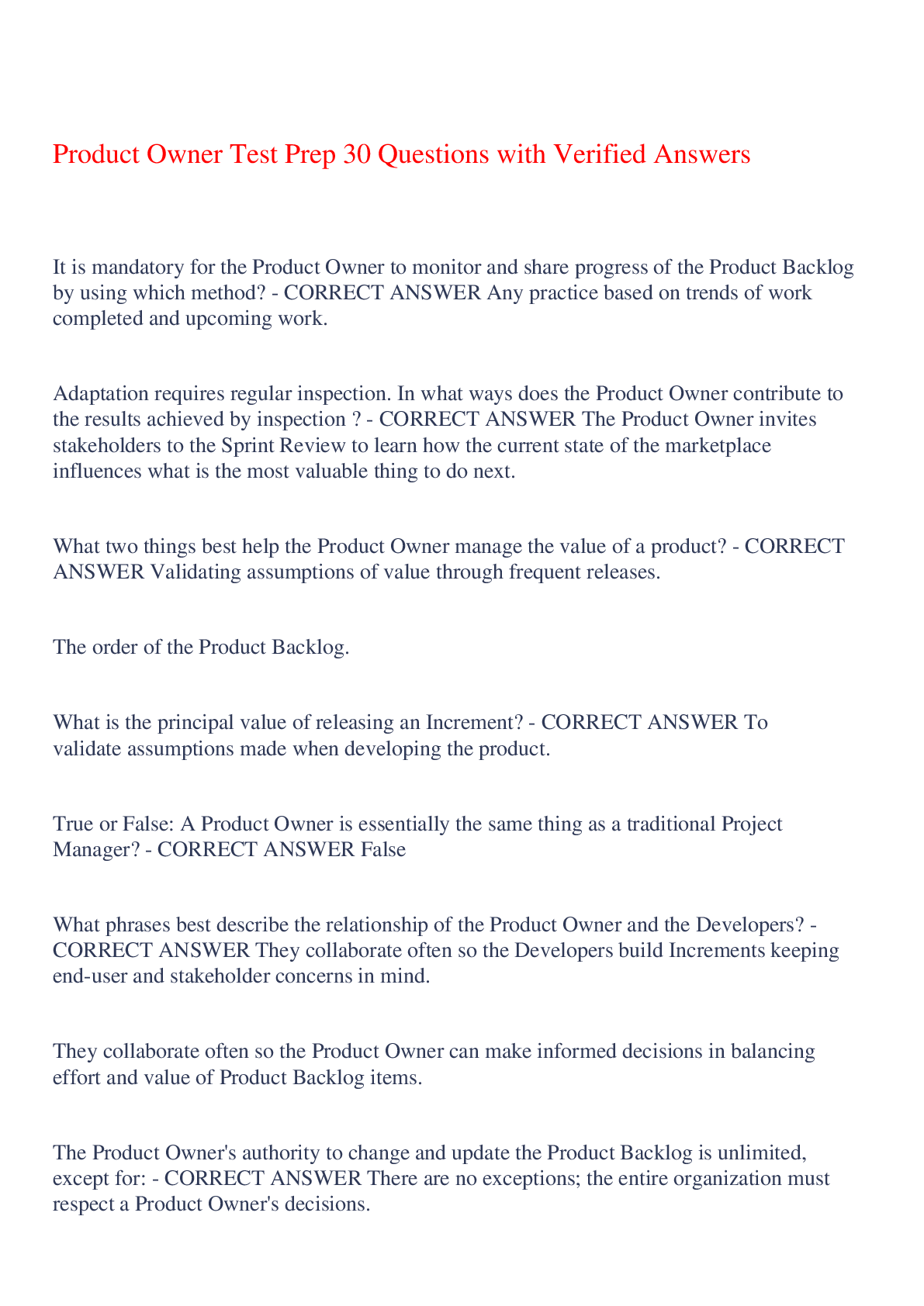 Preview image for Product Owner Test Prep 30 Questions with Verified Answers,100% CORRECT