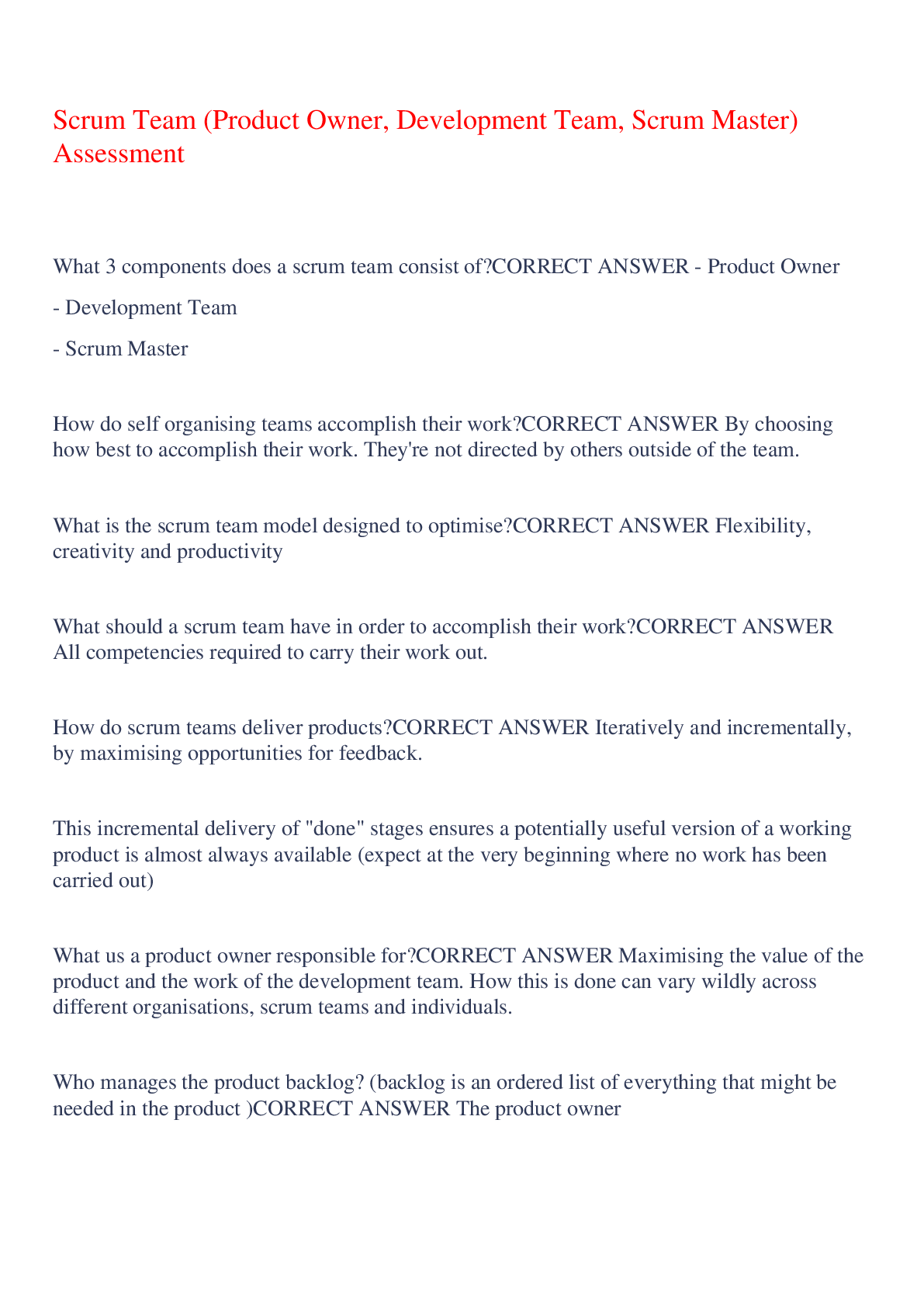Preview of Scrum Team (Product Owner, Development Team, Scrum Master) Assessment,100% CORRECT