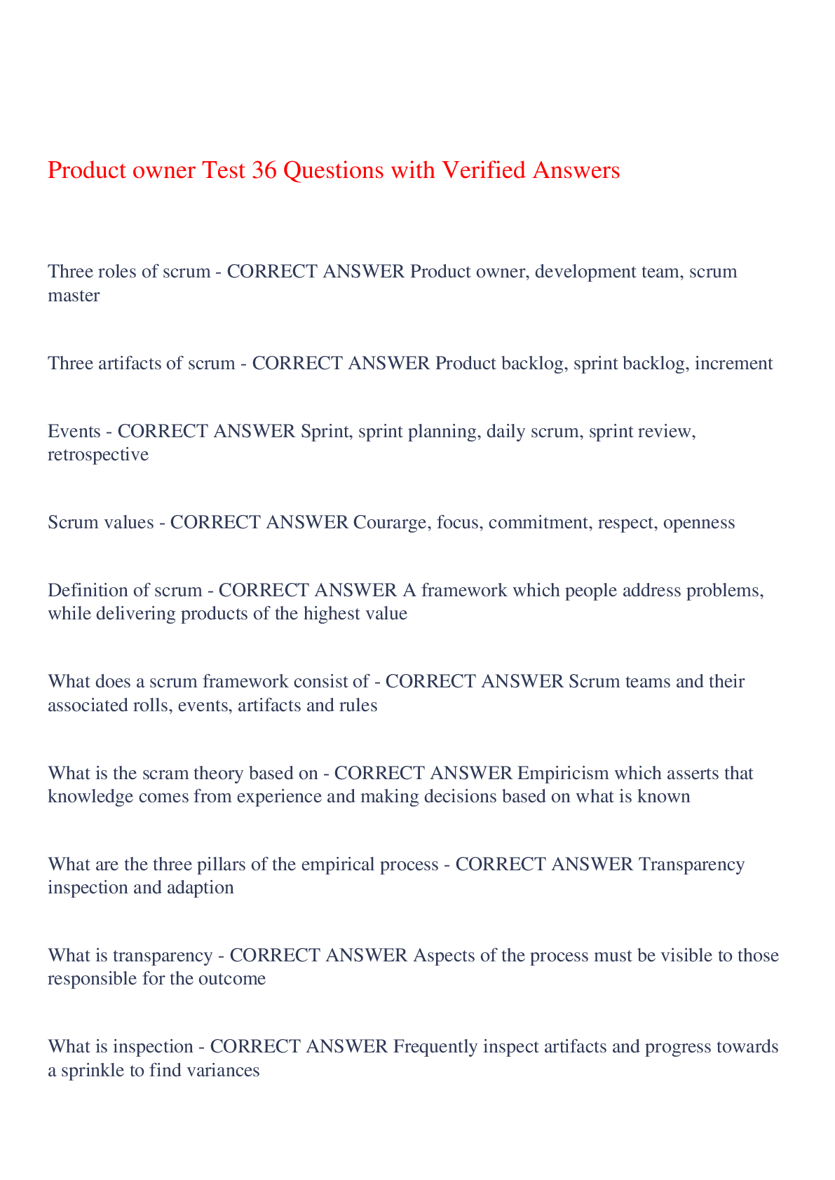 Preview image for Product owner Test 36 Questions with Verified Answers,100% CORRECT