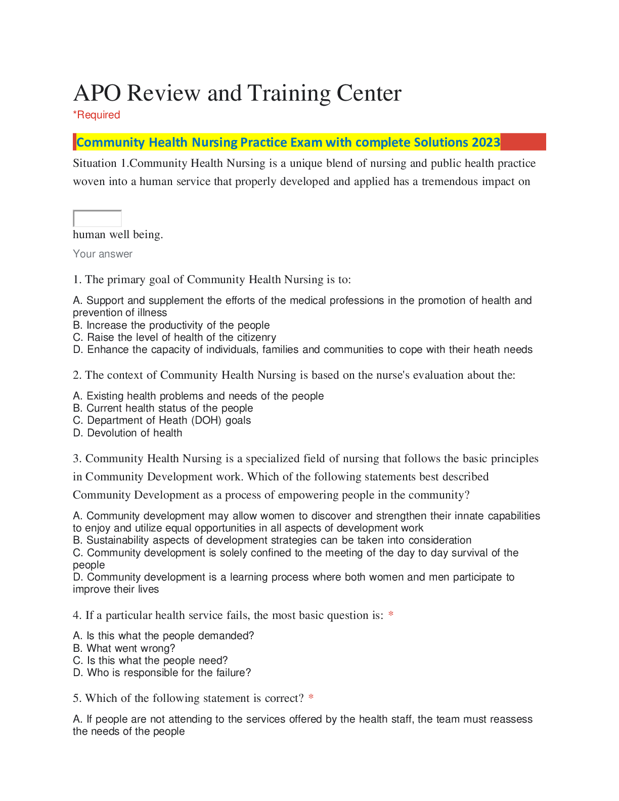 Preview of Community Health Nursing Practice Exam with complete Solutions 2023