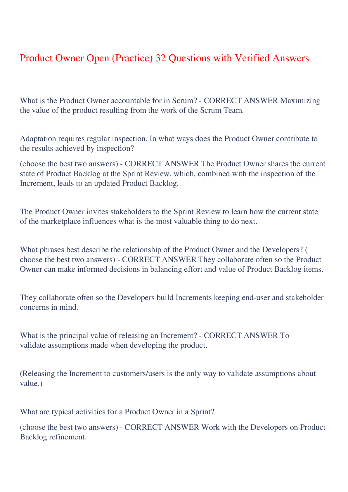 Preview image for Product Owner Open (Practice) 32 Questions with Verified Answers,100% CORRECT