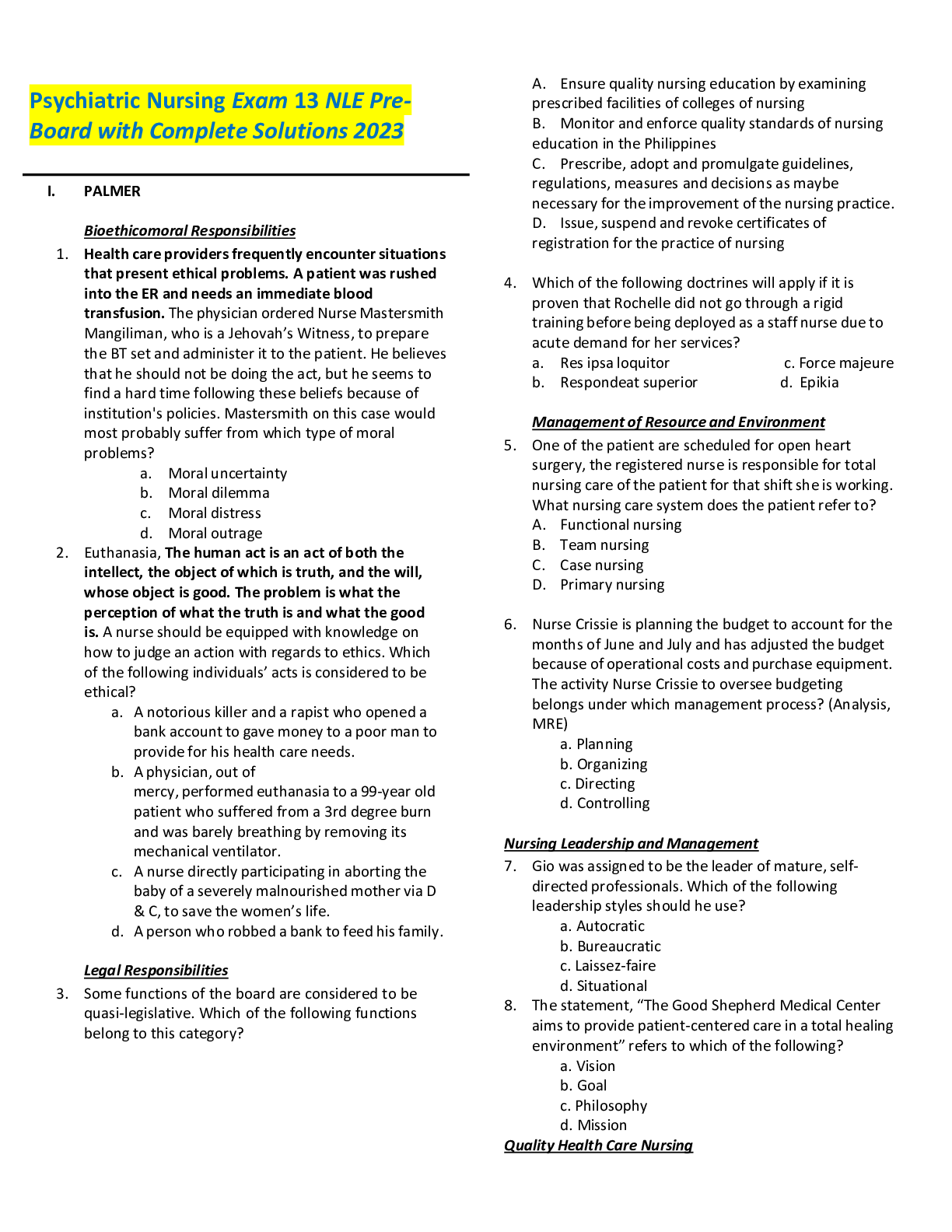 Preview image for Psychiatric Nursing Exam 13 NLE Pre-Board with Complete Solutions 2023