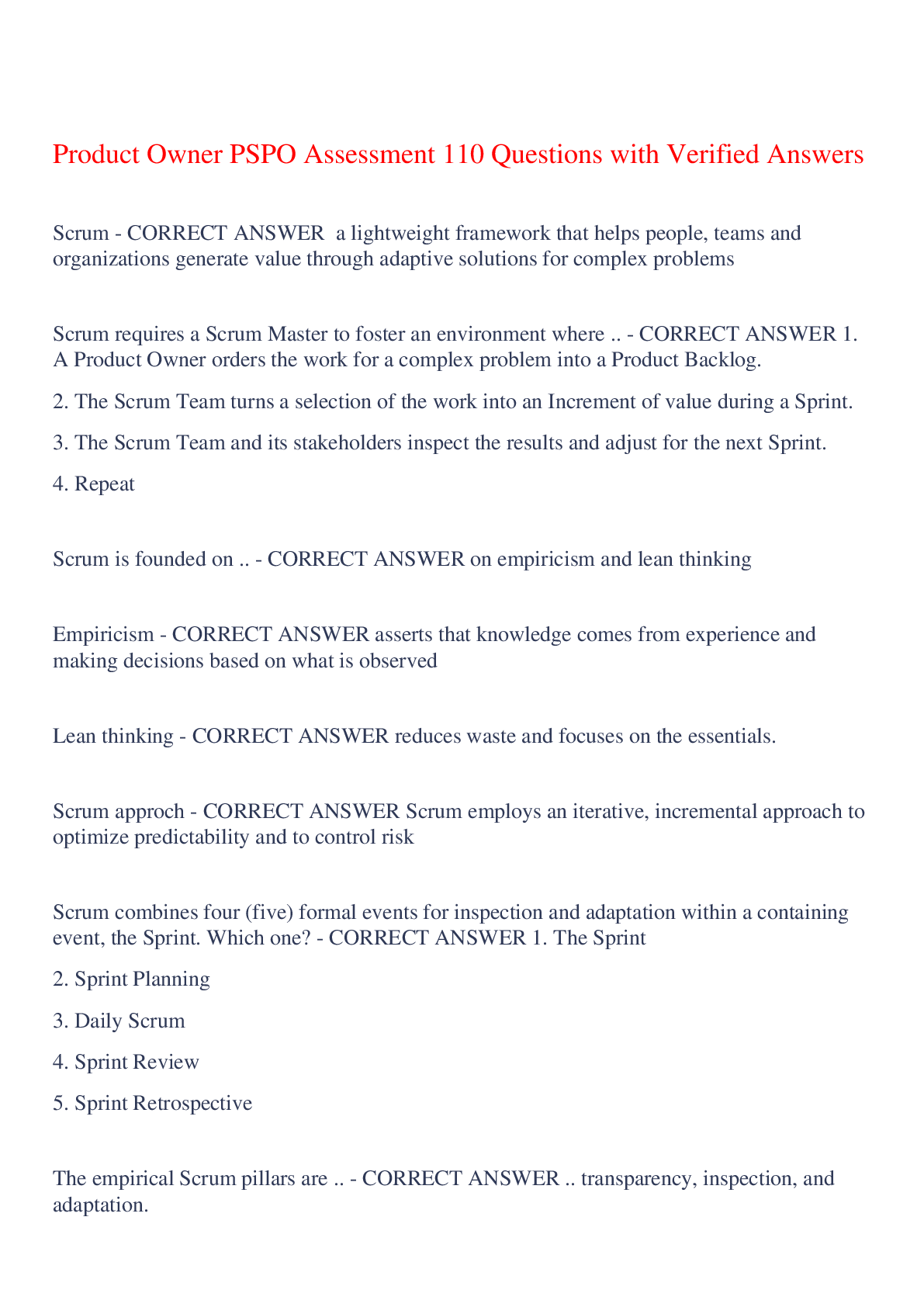 Preview image for Product Owner PSPO Assessment 110 Questions with Verified Answers,100% CORRECT