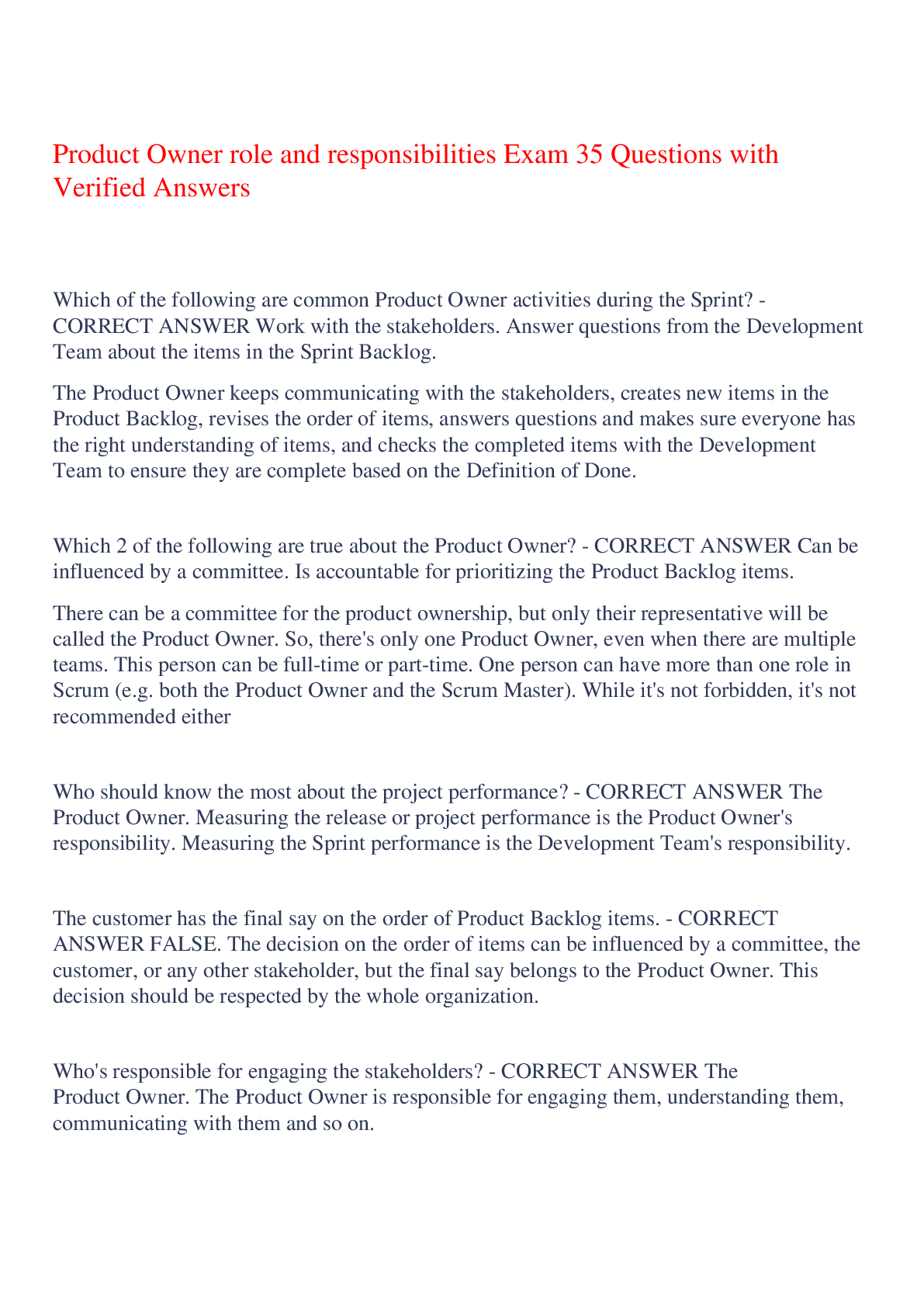 Preview image for Product Owner role and responsibilities Exam 35 Questions with Verified Answers,100% CORRECT
