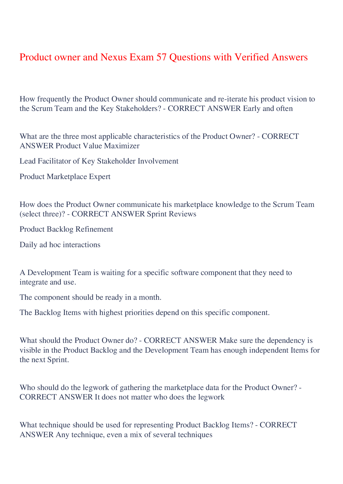 Preview image for Product owner and Nexus Exam 57 Questions with Verified Answers,100% CORRECT