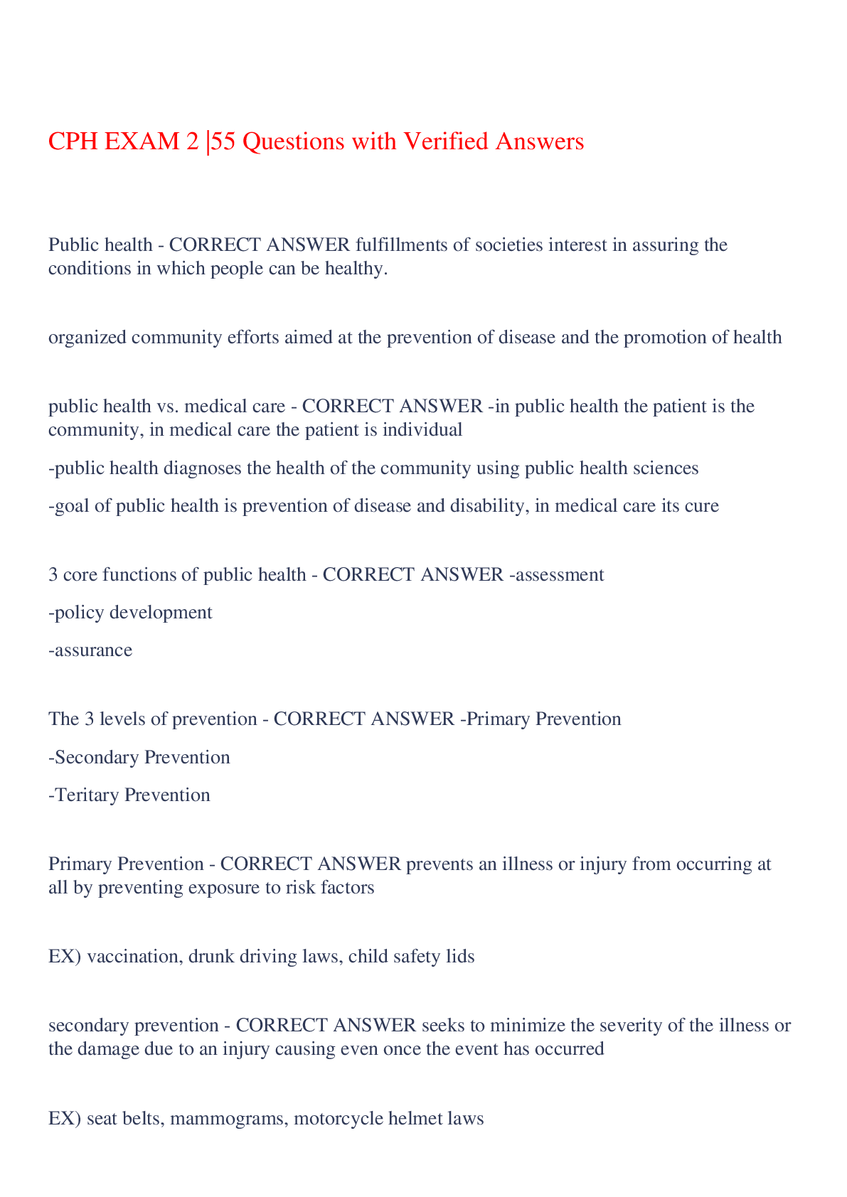Preview of CPH EXAM 2 |55 Questions with Verified Answers,100% CORRECT