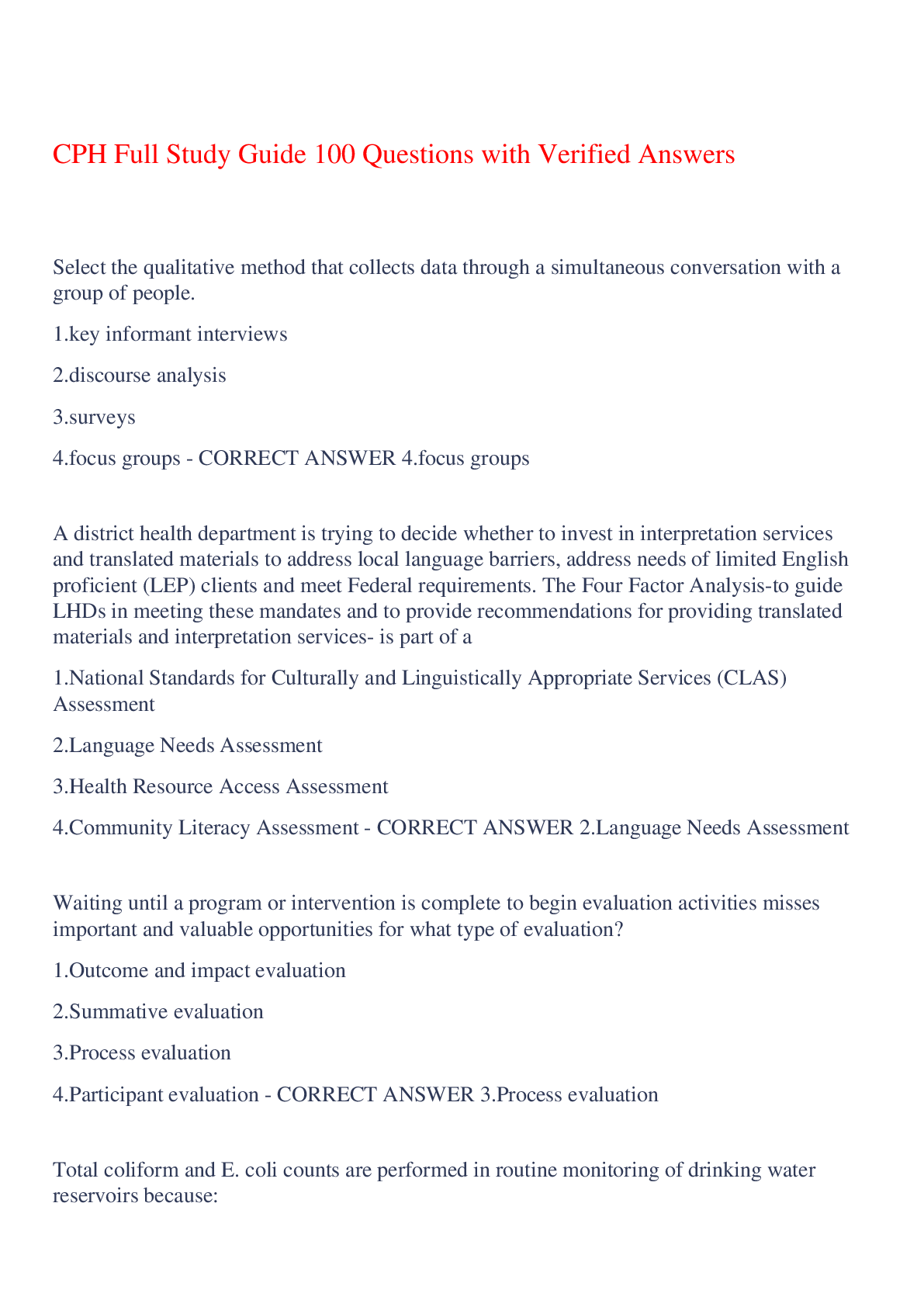 Preview of CPH Full Study Guide 100 Questions with Verified Answers,100% CORRECT