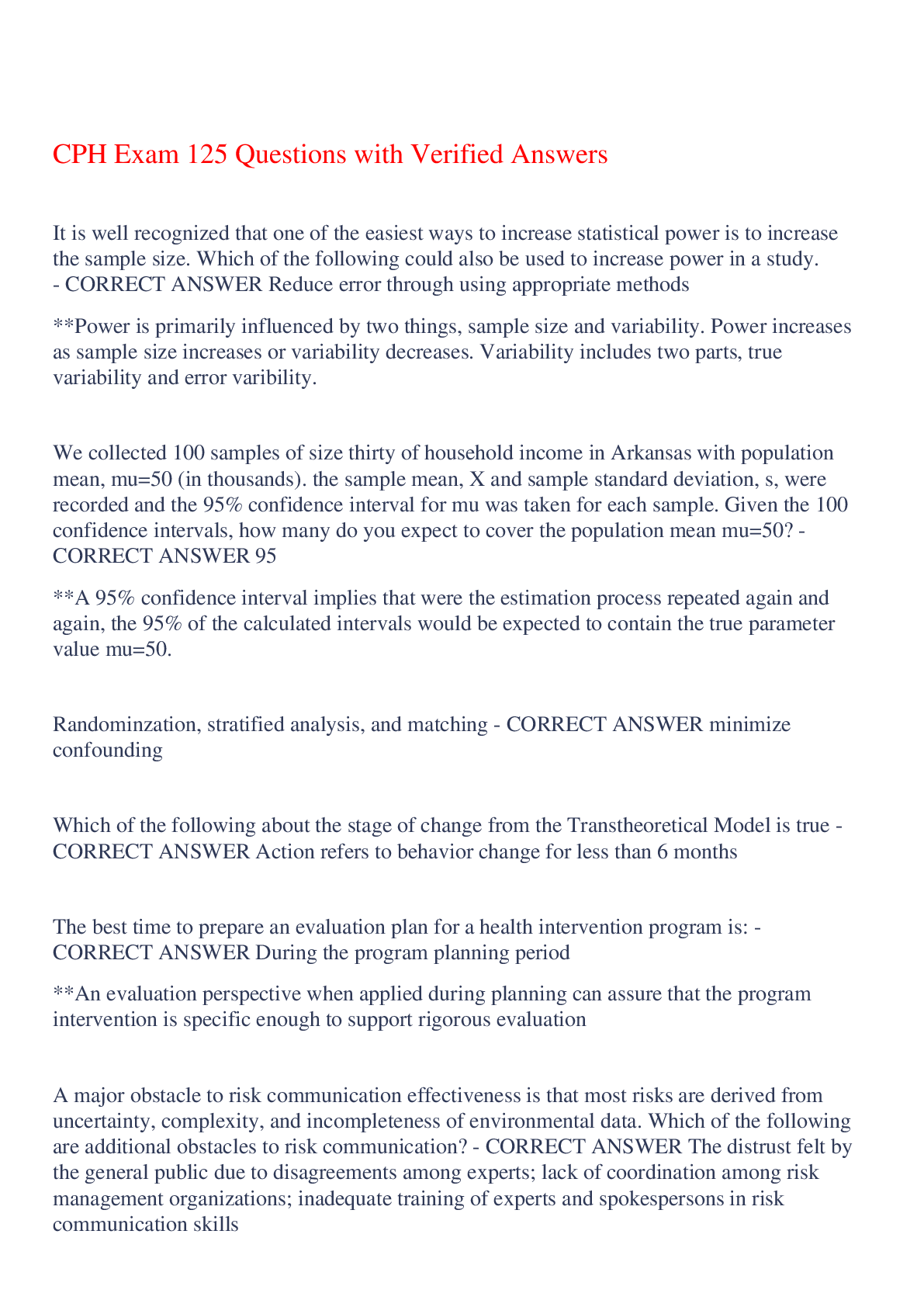 Preview of CPH Exam 125 Questions with Verified Answers,100% CORRECT