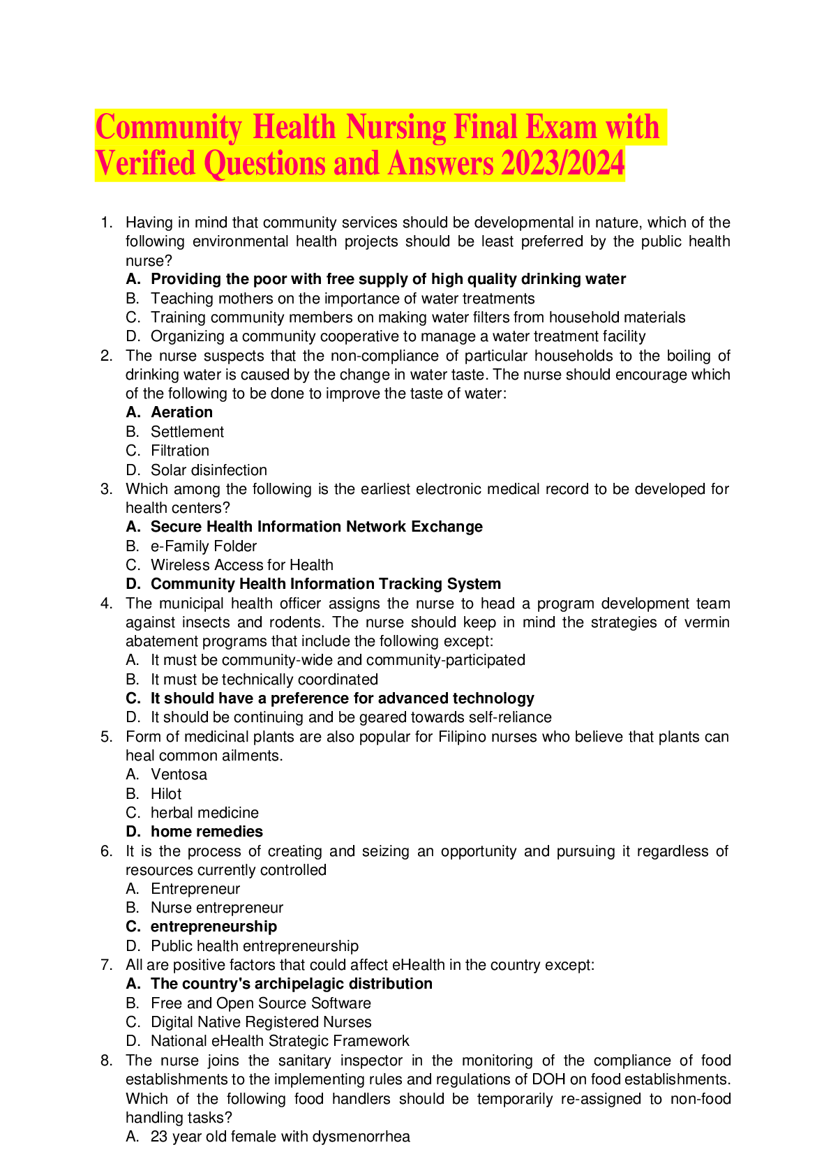 Preview image for Community Health Nursing Final Exam with Verified Questions and Answers 2023/2024