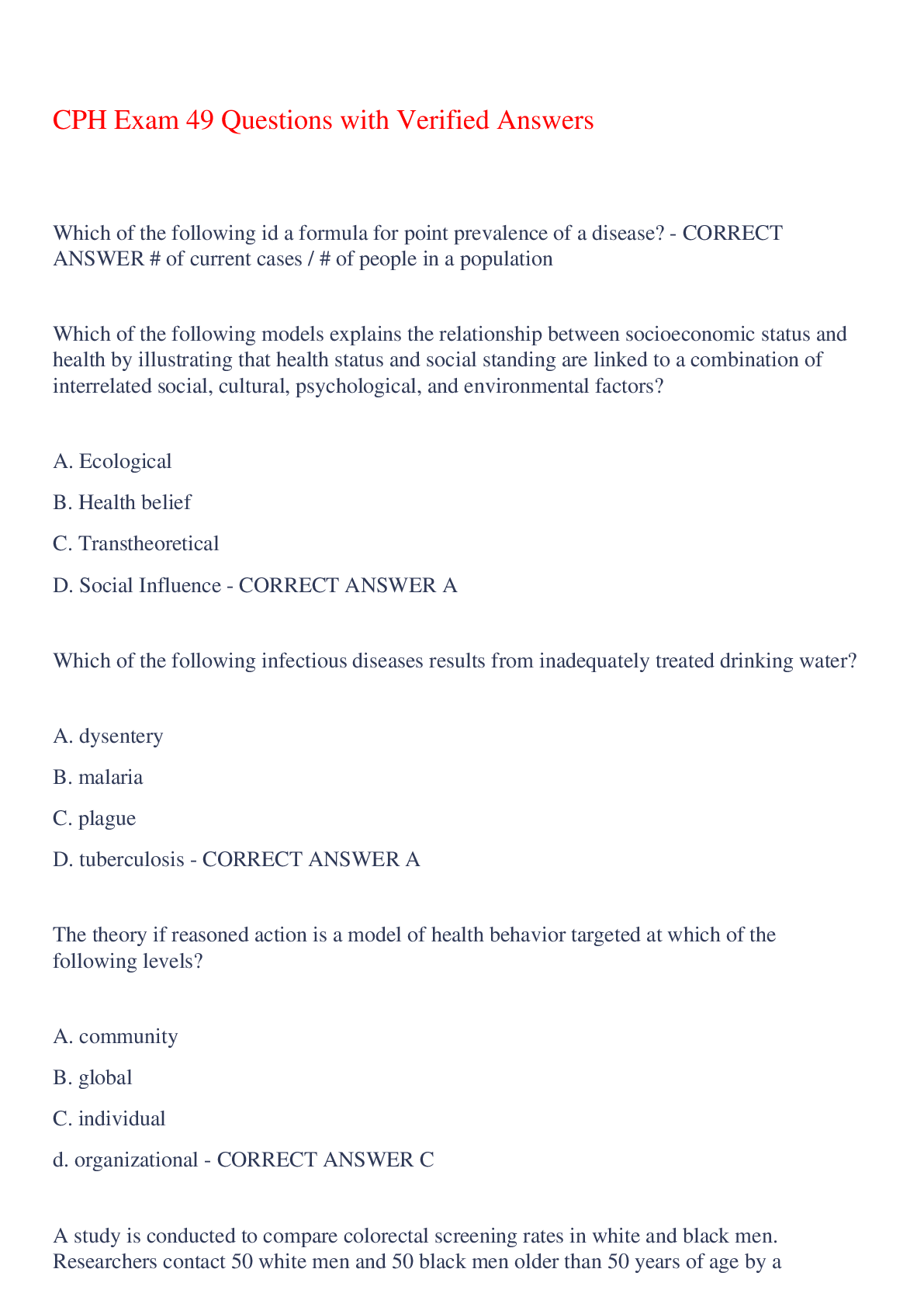 Preview of CPH Exam 49 Questions with Verified Answers,100% CORRECT