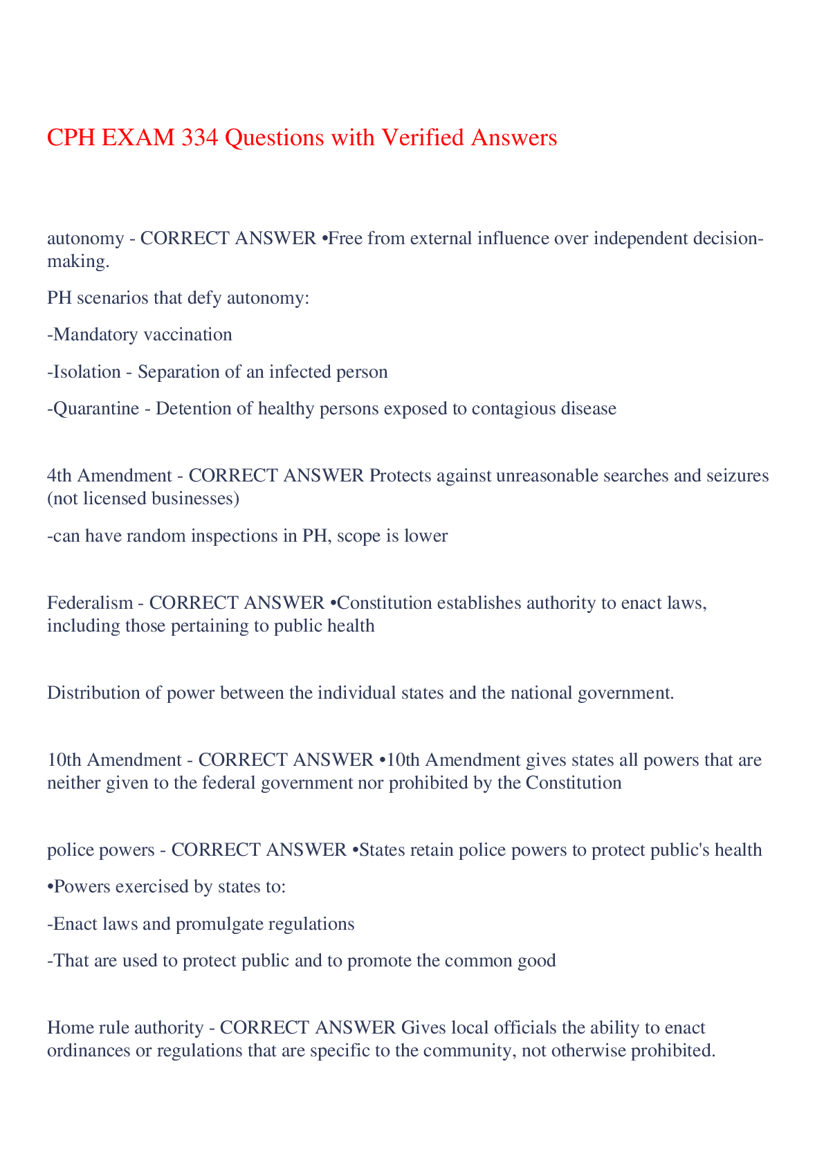Preview of CPH EXAM 334 Questions with Verified Answers,100% CORRECT
