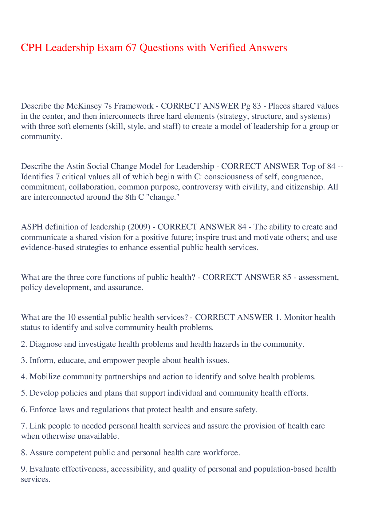 Preview of CPH Leadership Exam 67 Questions with Verified Answers,100% CORRECT