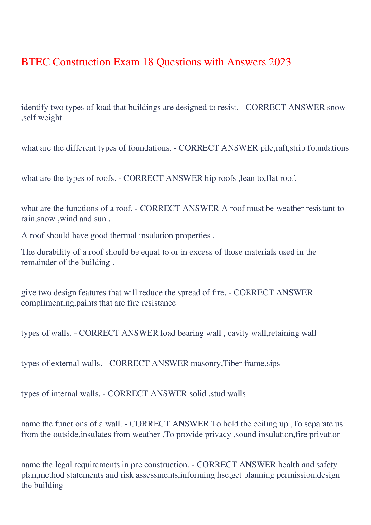 Preview image of BTEC Construction Exam 18 Questions with Answers 2023,100% CORRECT document