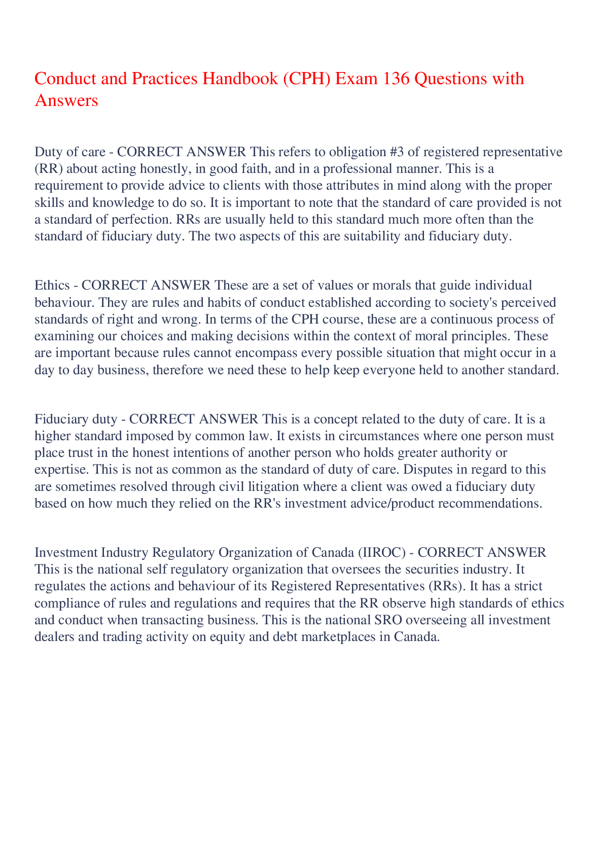 Preview of Conduct and Practices Handbook (CPH) Exam 136 Questions with Answers,100% CORRECT