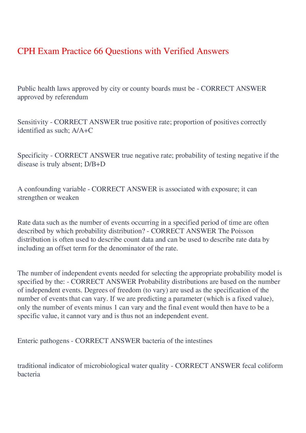 Preview of CPH Exam Practice 66 Questions with Verified Answers,100% CORRECT