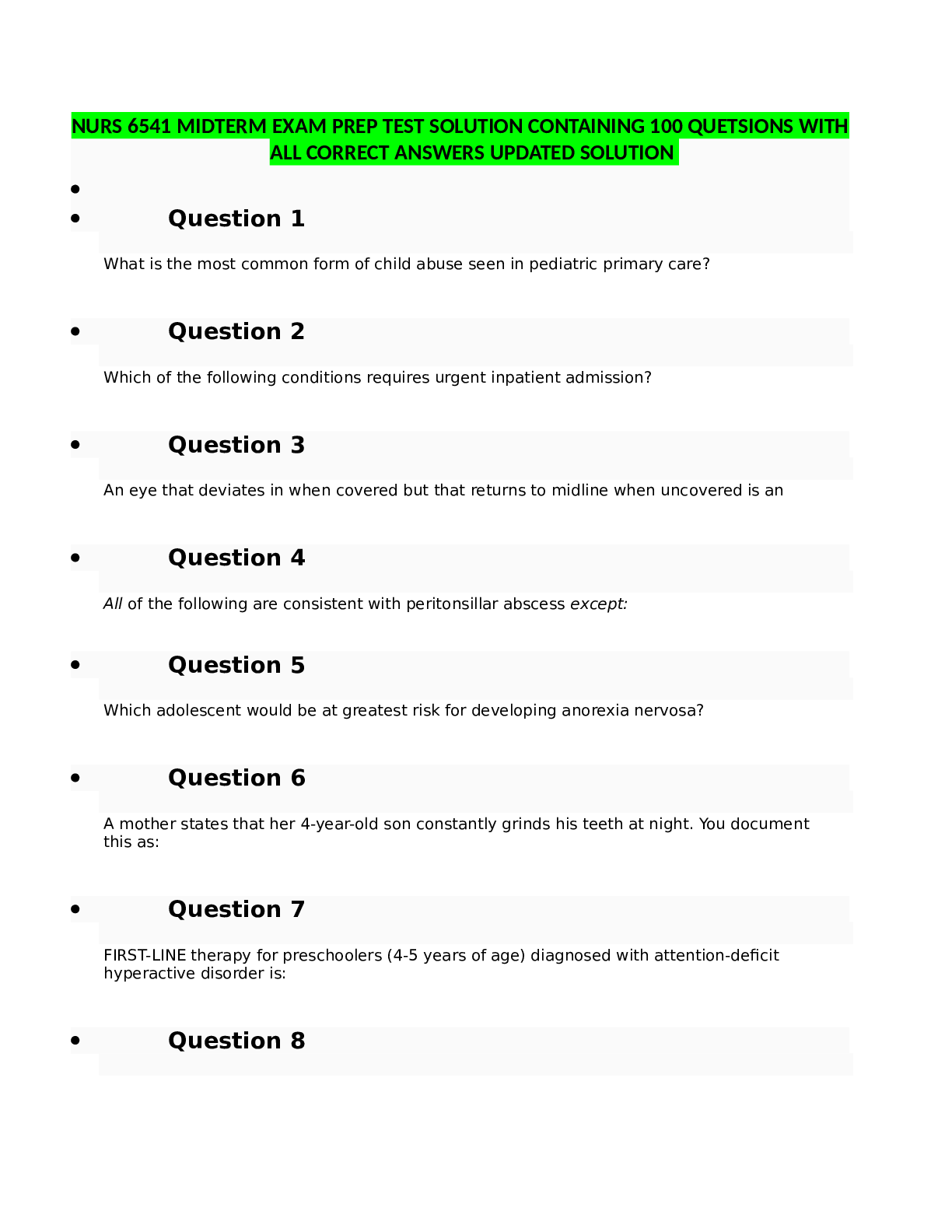 NURS 6541 MIDTERM EXAM PREP TEST SOLUTION CONTAINING 100 QUETSIONS WITHALL CORRECT ANSWERS UPDATED SOLUTION 3 versions