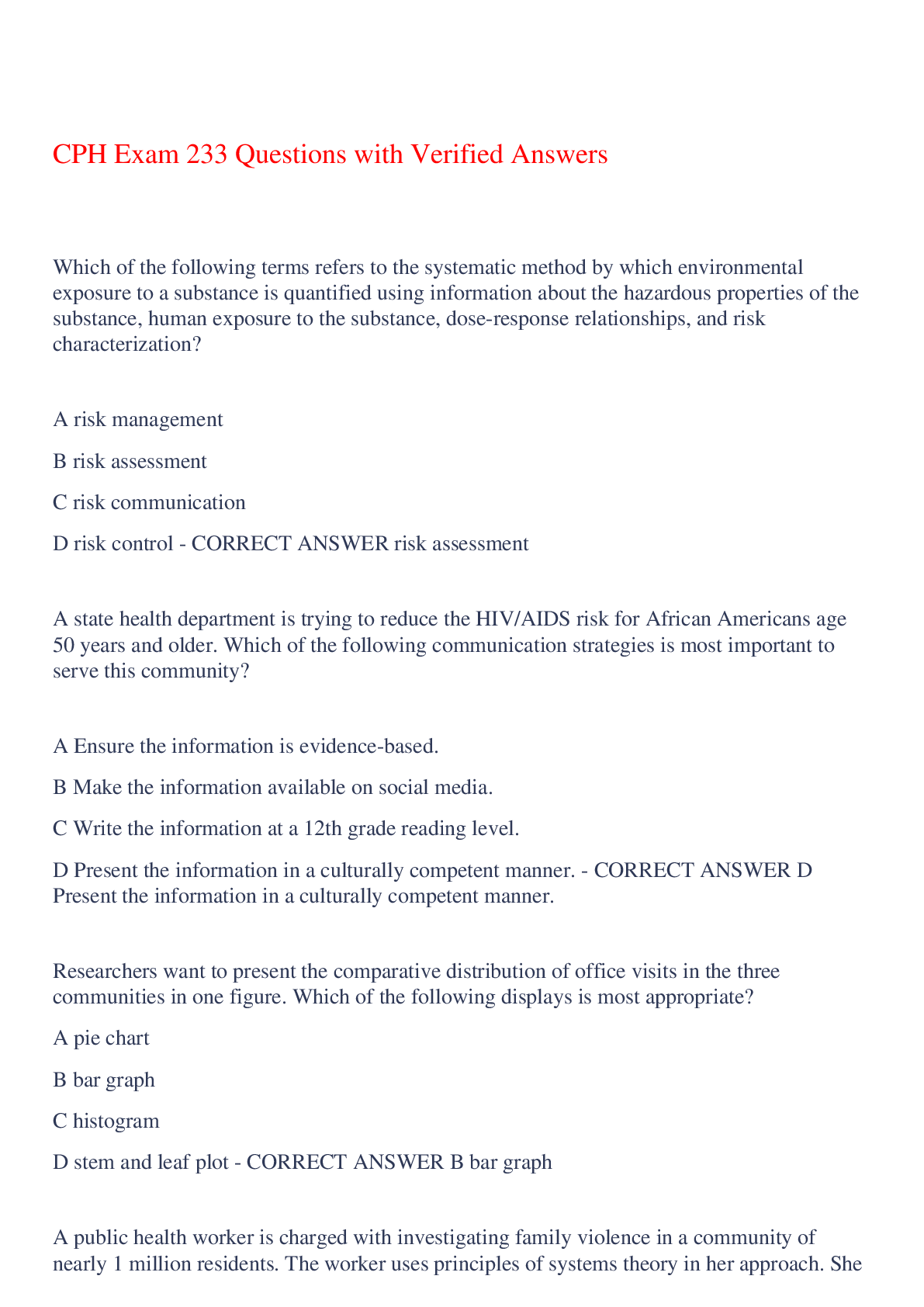 CPH Exam 233 Questions with Verified Answers,100% CORRECT
