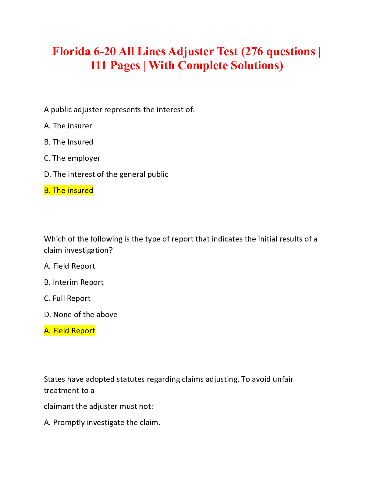 Preview image for Florida 6-20 All Lines Adjuster Test (276 questions  111 Pages  With Complete Solutions)