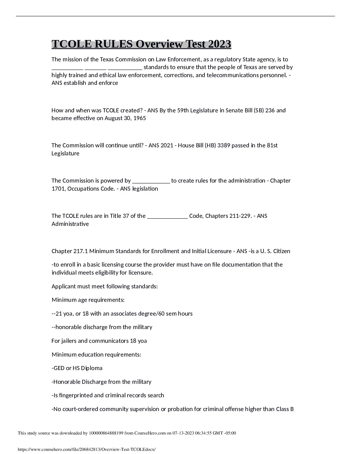 TCOLE RULES Overview Test 2023 - Browsegrades