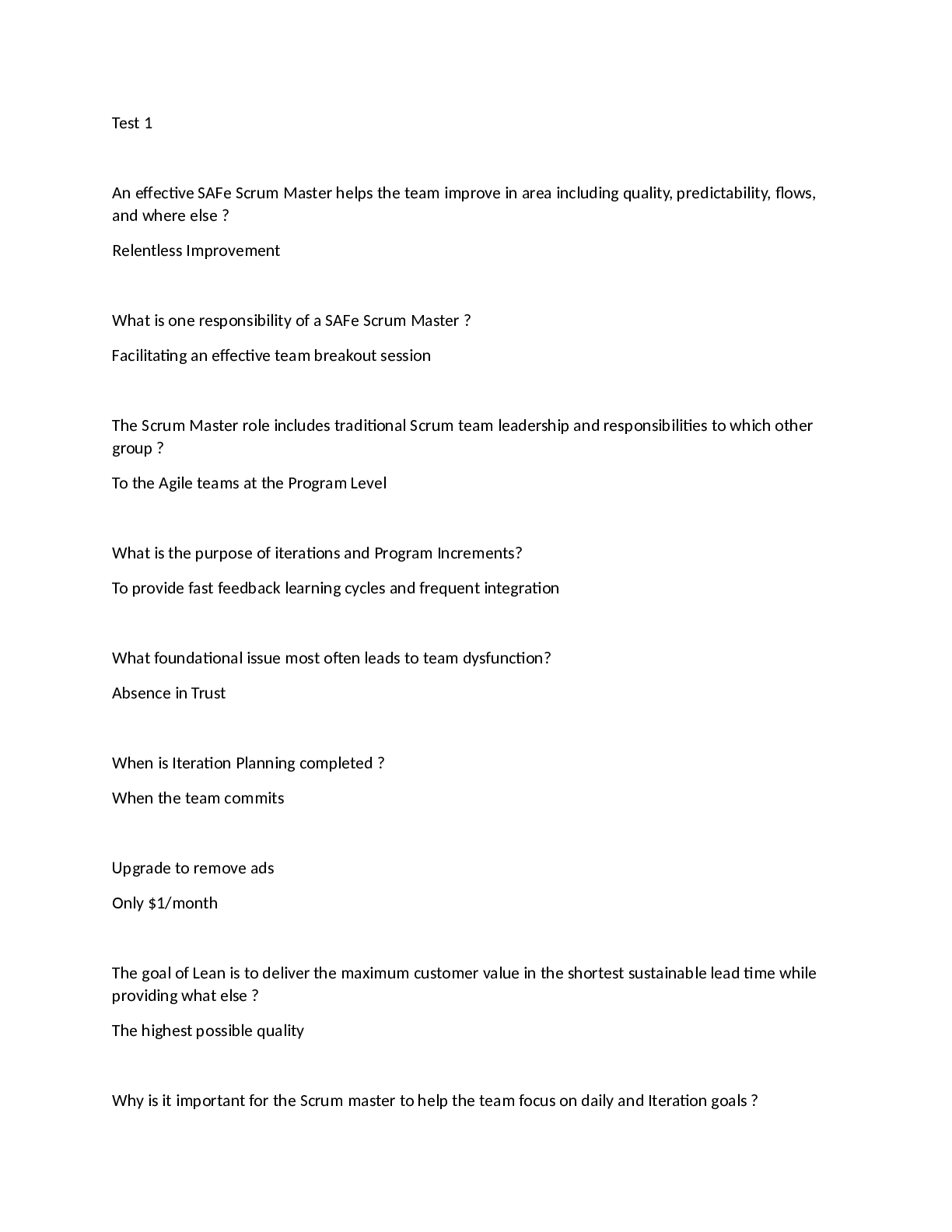 Preview image of SAFe Scrum Master v5 Q&A document