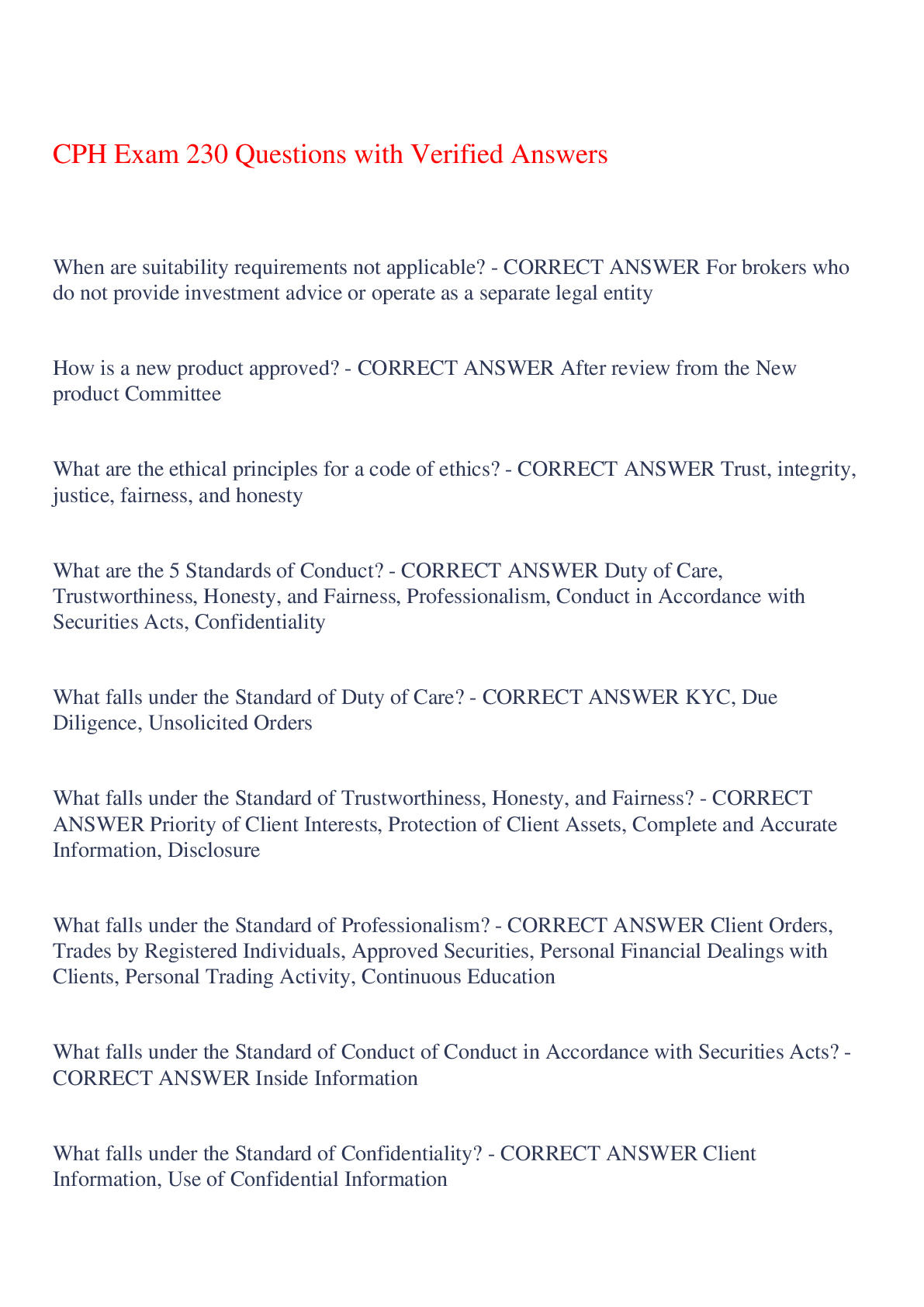 Preview of CPH Exam 230 Questions with Verified Answers,100% CORRECT