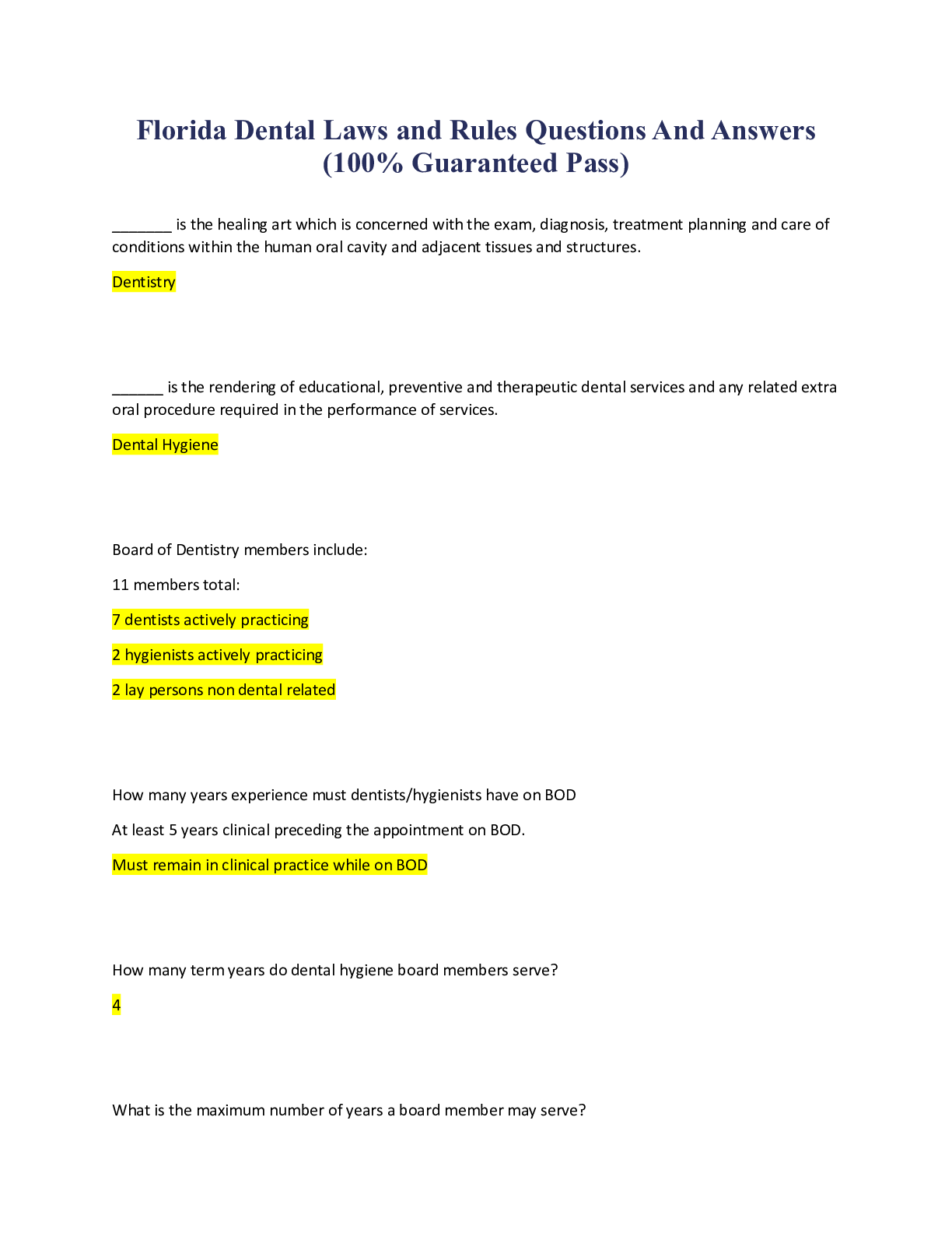 Preview of Florida Dental Laws and Rules Questions And Answers(100% Guaranteed Pass