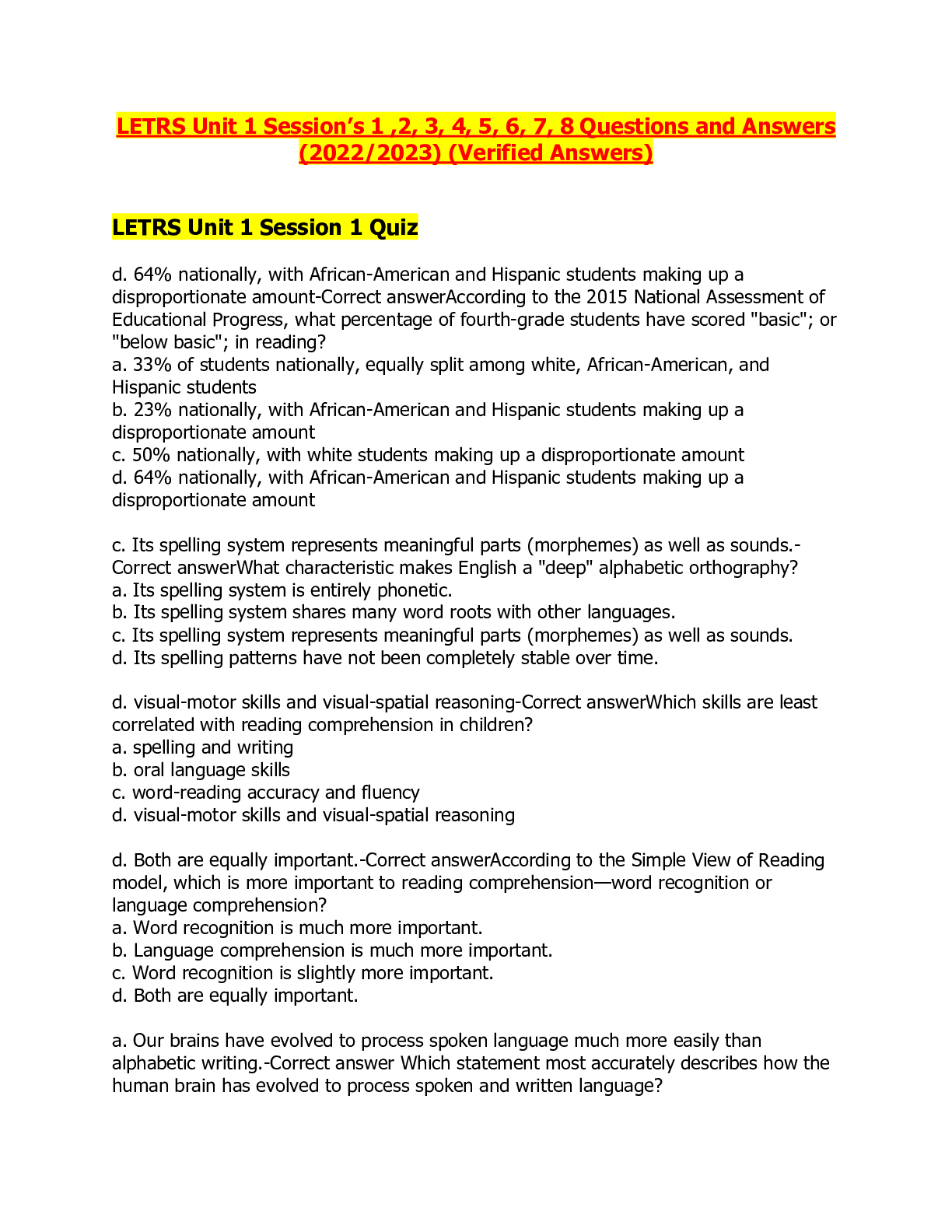 Preview of LETRS Unit 1 Session's 1 ,2, 3, 4, 5, 6, 7, 8 Questions and Answers(20222023) (Verified Answers)