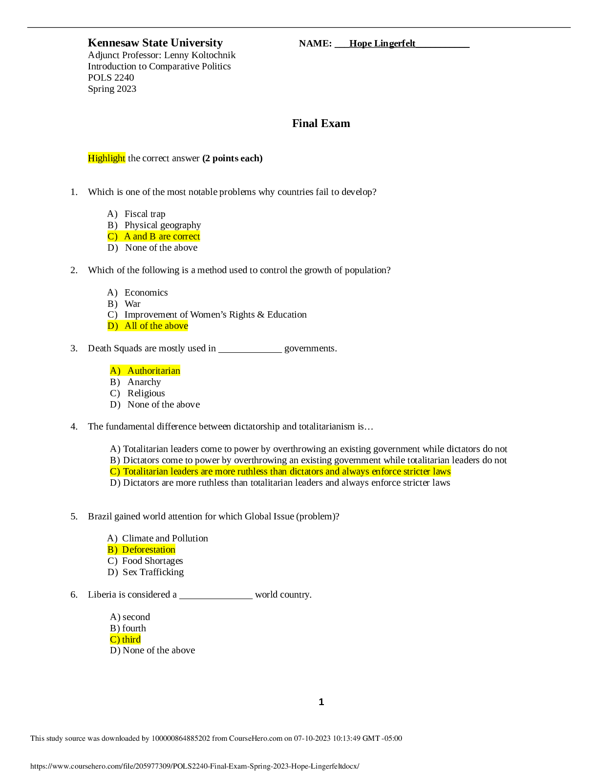 Preview of POLS2240 Final Exam Spring 2023 Hope Lingerfelt