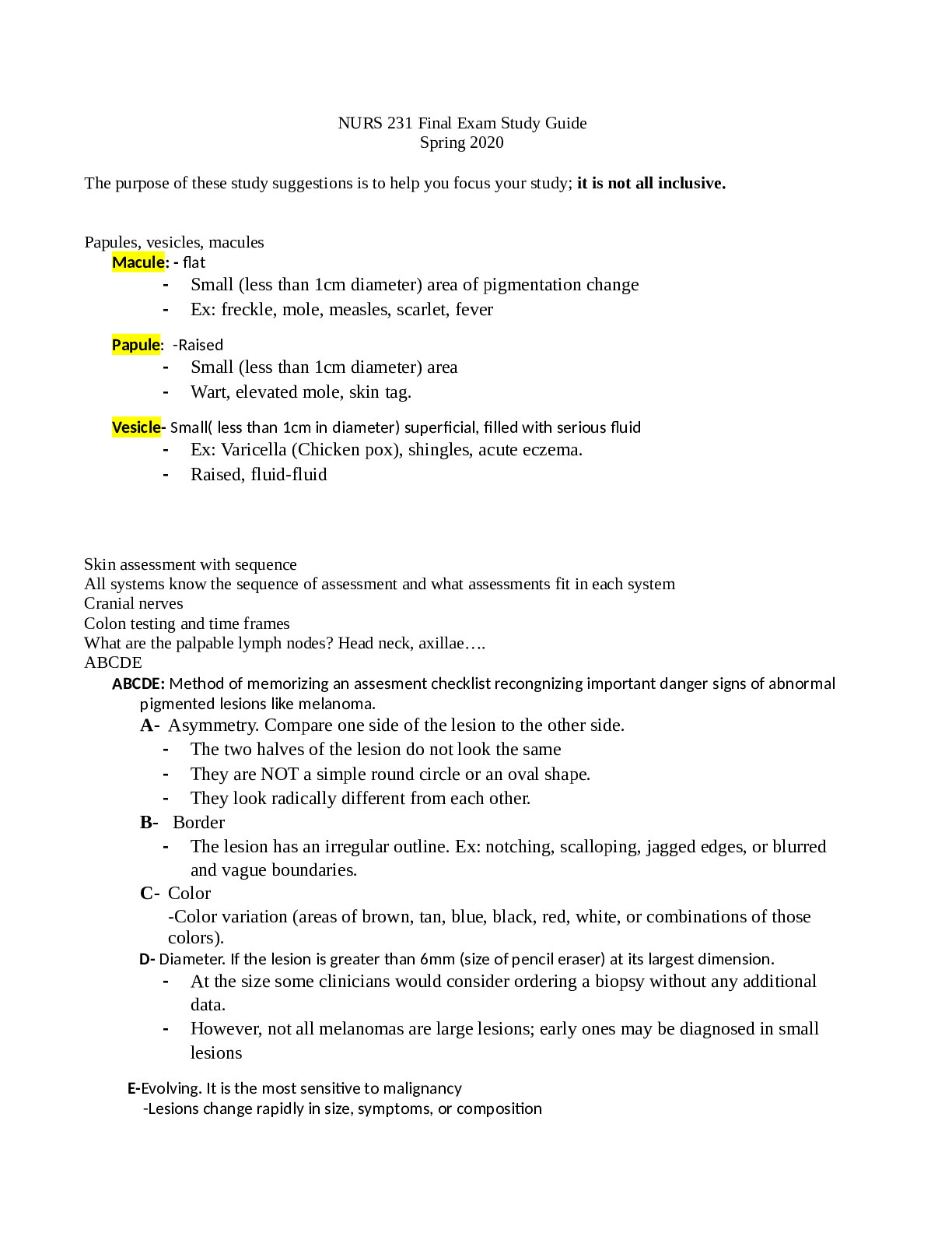 Preview image of NURS 231 Final Exam Study Guide Spring 2020 document