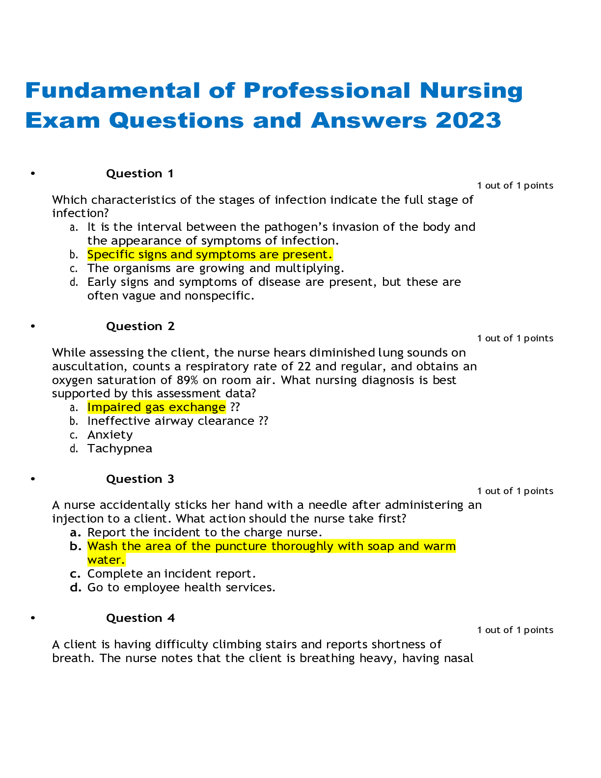 Preview image for Fundamental of Professional Nursing Exam Questions and Answers 2023