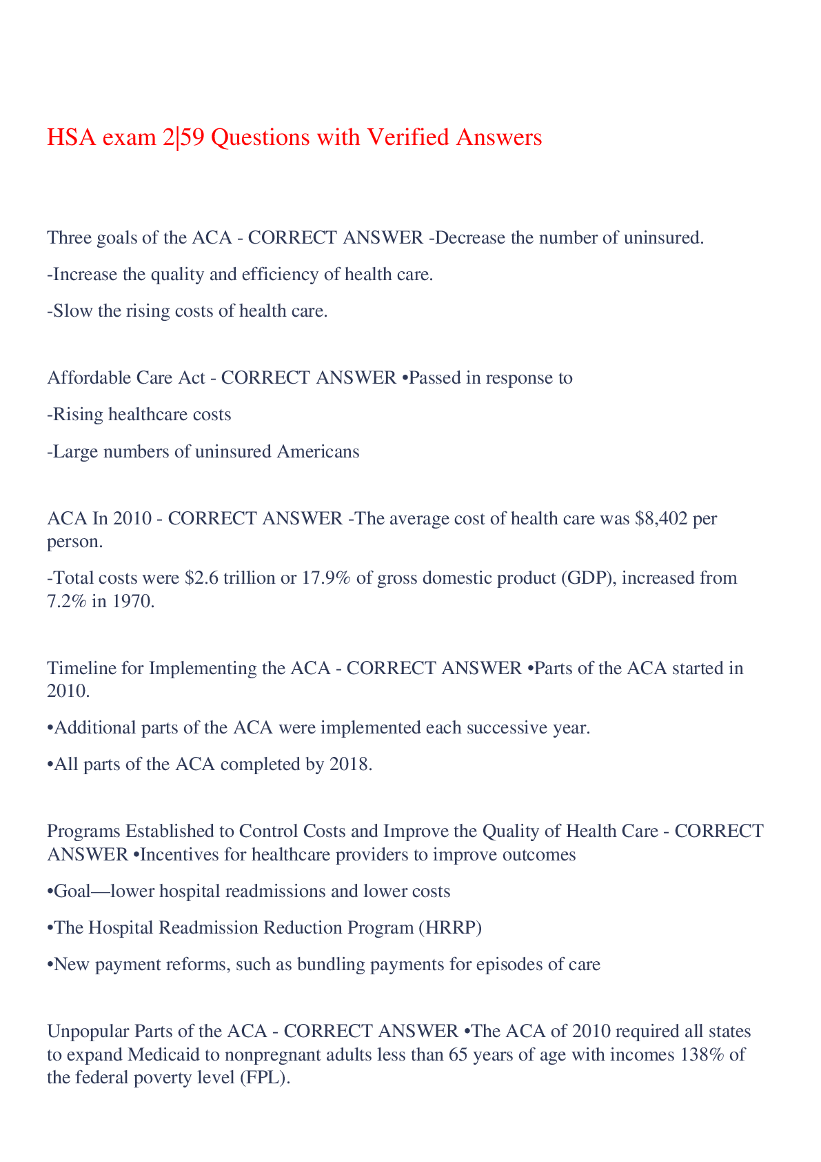 Preview image of HSA exam 2|59 Questions with Verified Answers,100% CORRECT document